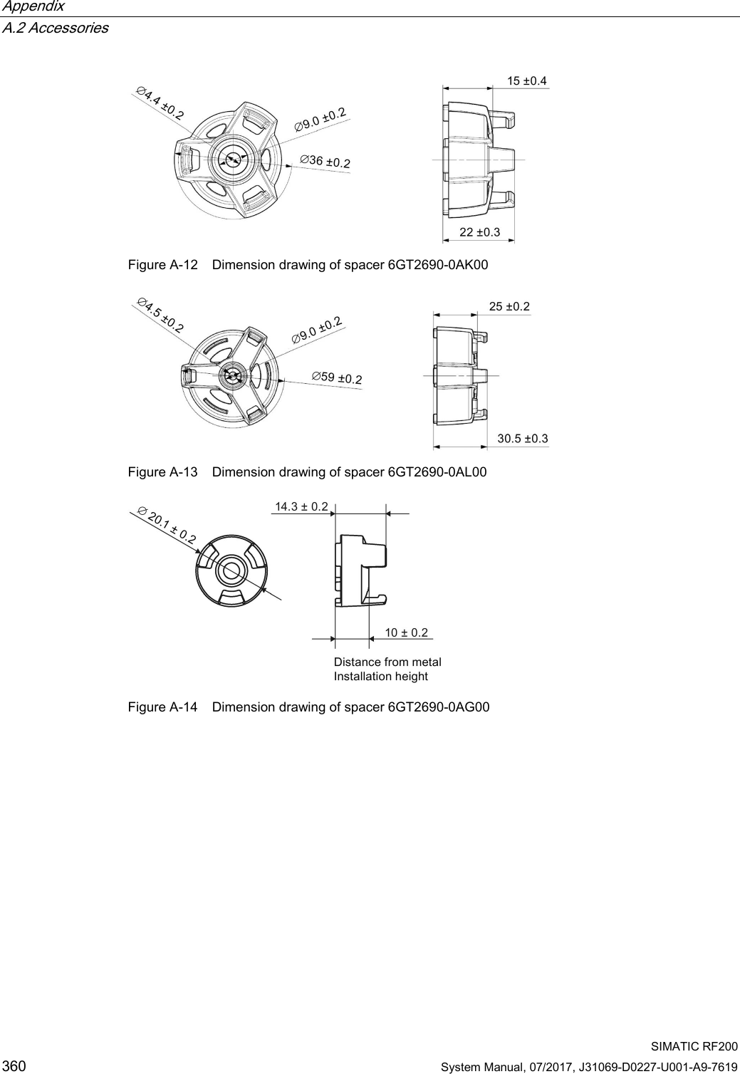 Appendix   A.2 Accessories  SIMATIC RF200 360 System Manual, 07/2017, J31069-D0227-U001-A9-7619  Figure A-12 Dimension drawing of spacer 6GT2690-0AK00  Figure A-13  Dimension drawing of spacer 6GT2690-0AL00  Figure A-14 Dimension drawing of spacer 6GT2690-0AG00 