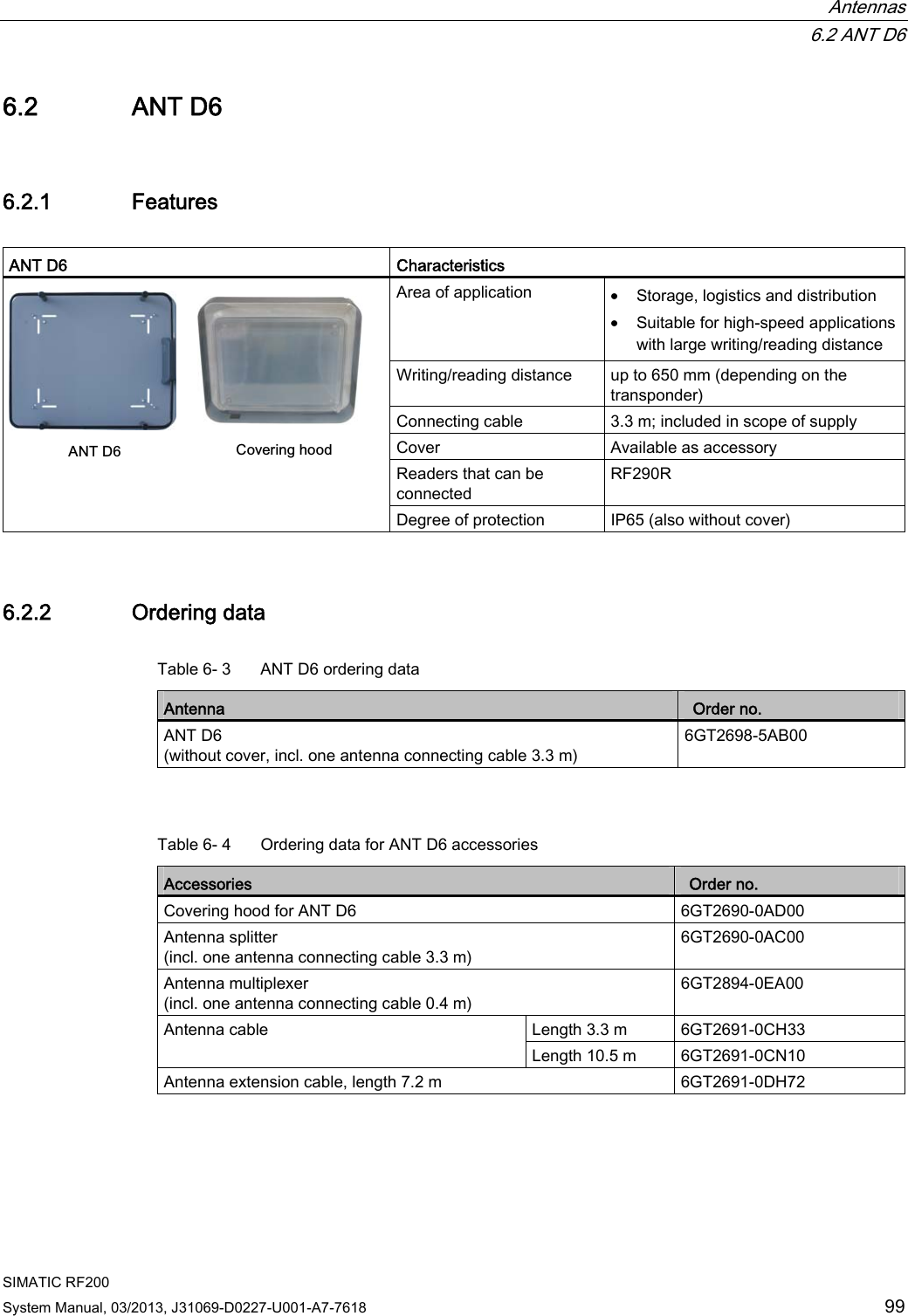  Antennas  6.2 ANT D6 SIMATIC RF200 System Manual, 03/2013, J31069-D0227-U001-A7-7618  99 6.2 ANT D6 6.2.1 Features  ANT D6  Characteristics Area of application  • Storage, logistics and distribution • Suitable for high-speed applications with large writing/reading distance Writing/reading distance  up to 650 mm (depending on the transponder) Connecting cable  3.3 m; included in scope of supply Cover  Available as accessory Readers that can be connected RF290R $17&apos; &amp;RYHULQJKRRG Degree of protection  IP65 (also without cover) 6.2.2 Ordering data Table 6- 3  ANT D6 ordering data Antenna   Order no. ANT D6 (without cover, incl. one antenna connecting cable 3.3 m) 6GT2698-5AB00   Table 6- 4  Ordering data for ANT D6 accessories Accessories   Order no. Covering hood for ANT D6  6GT2690-0AD00 Antenna splitter (incl. one antenna connecting cable 3.3 m) 6GT2690-0AC00 Antenna multiplexer (incl. one antenna connecting cable 0.4 m) 6GT2894-0EA00 Length 3.3 m  6GT2691-0CH33 Antenna cable Length 10.5 m  6GT2691-0CN10 Antenna extension cable, length 7.2 m  6GT2691-0DH72 