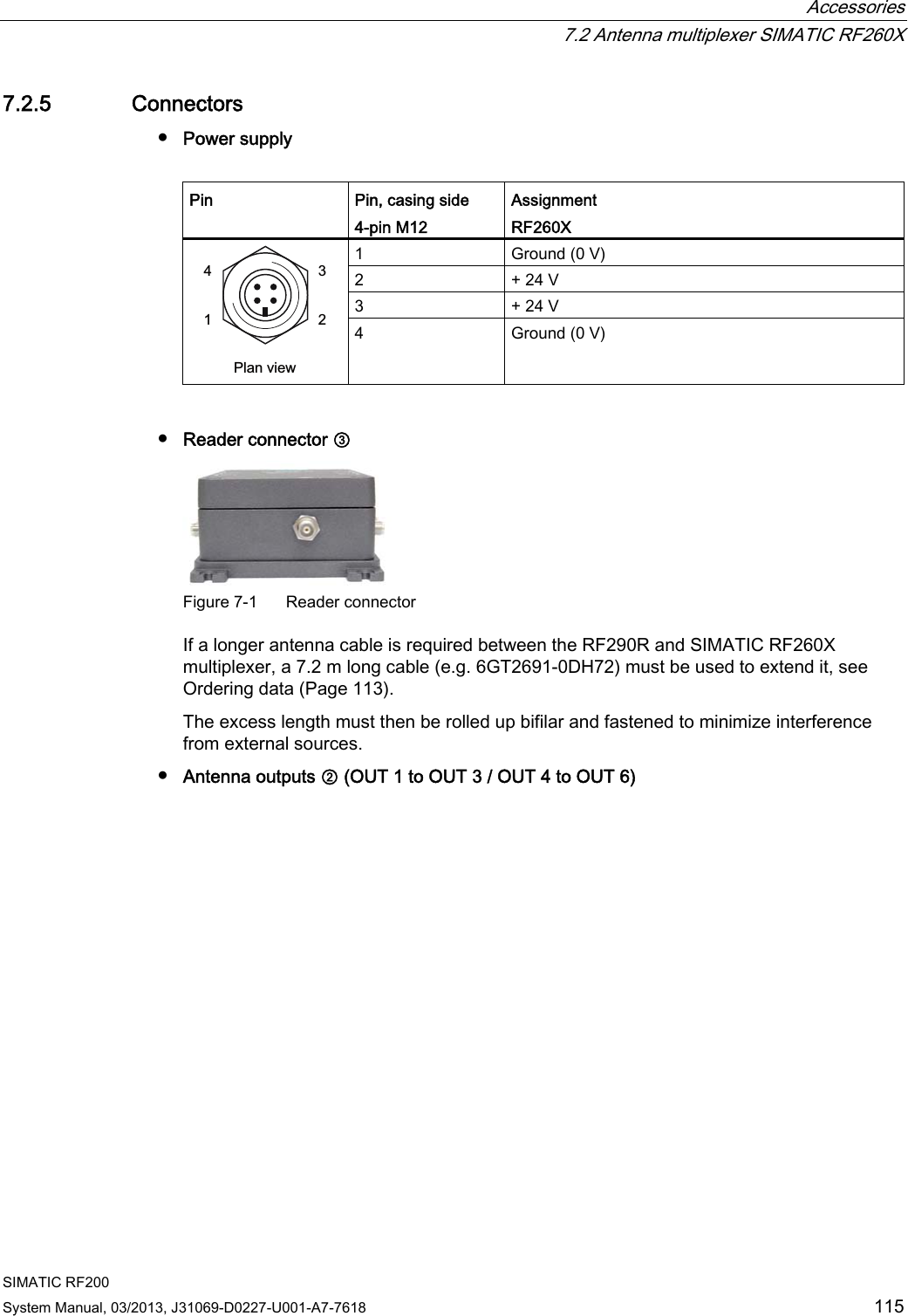  Accessories   7.2 Antenna multiplexer SIMATIC RF260X SIMATIC RF200 System Manual, 03/2013, J31069-D0227-U001-A7-7618  115 7.2.5 Connectors ● Power supply  Pin  Pin, casing side 4-pin M12 Assignment RF260X 1  Ground (0 V) 2  + 24 V 3  + 24 V 3ODQYLHZ 4  Ground (0 V)  ● Reader connector ③  Figure 7-1  Reader connector If a longer antenna cable is required between the RF290R and SIMATIC RF260X multiplexer, a 7.2 m long cable (e.g. 6GT2691-0DH72) must be used to extend it, see Ordering data (Page 113).  The excess length must then be rolled up bifilar and fastened to minimize interference from external sources. ● Antenna outputs ② (OUT 1 to OUT 3 / OUT 4 to OUT 6) 