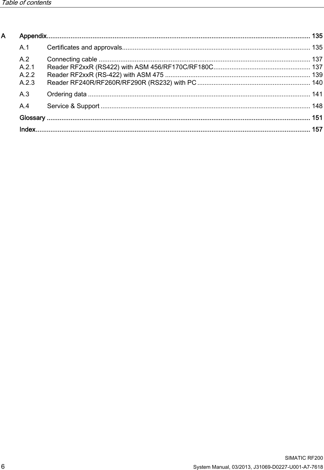 Table of contents      SIMATIC RF200 6 System Manual, 03/2013, J31069-D0227-U001-A7-7618 A  Appendix................................................................................................................................................ 135 A.1  Certificates and approvals......................................................................................................... 135 A.2  Connecting cable ...................................................................................................................... 137 A.2.1  Reader RF2xxR (RS422) with ASM 456/RF170C/RF180C...................................................... 137 A.2.2  Reader RF2xxR (RS-422) with ASM 475 ................................................................................. 139 A.2.3  Reader RF240R/RF260R/RF290R (RS232) with PC ............................................................... 140 A.3  Ordering data ............................................................................................................................ 141 A.4  Service &amp; Support ..................................................................................................................... 148  Glossary ................................................................................................................................................ 151  Index...................................................................................................................................................... 157 