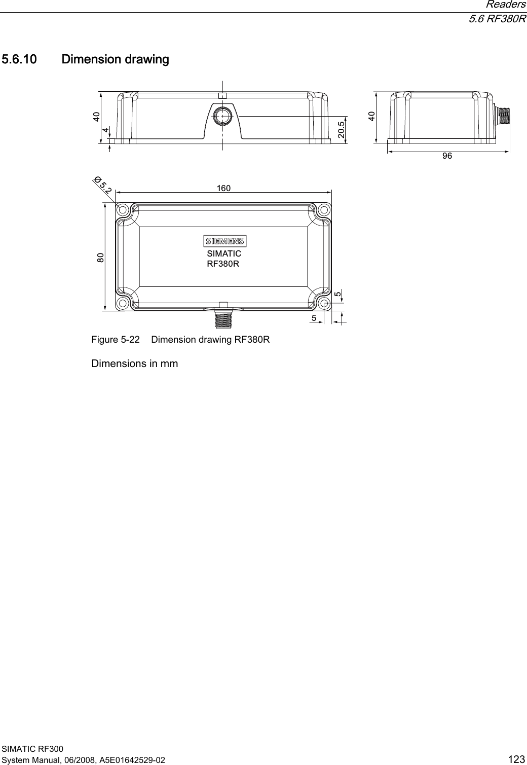  Readers  5.6 RF380R SIMATIC RF300 System Manual, 06/2008, A5E01642529-02  123 5.6.10 Dimension drawing  6,0$7,&amp;5)5 Figure 5-22  Dimension drawing RF380R Dimensions in mm 