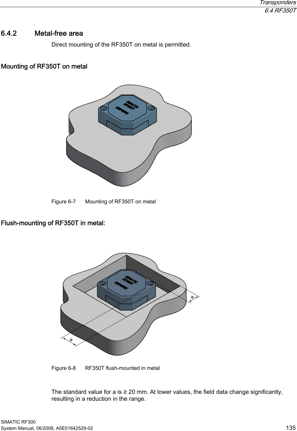  Transponders  6.4 RF350T SIMATIC RF300 System Manual, 06/2008, A5E01642529-02  135 6.4.2 Metal-free area Direct mounting of the RF350T on metal is permitted.  Mounting of RF350T on metal  Figure 6-7  Mounting of RF350T on metal Flush-mounting of RF350T in metal:   Figure 6-8  RF350T flush-mounted in metal  The standard value for a is ≥ 20 mm. At lower values, the field data change significantly, resulting in a reduction in the range. 