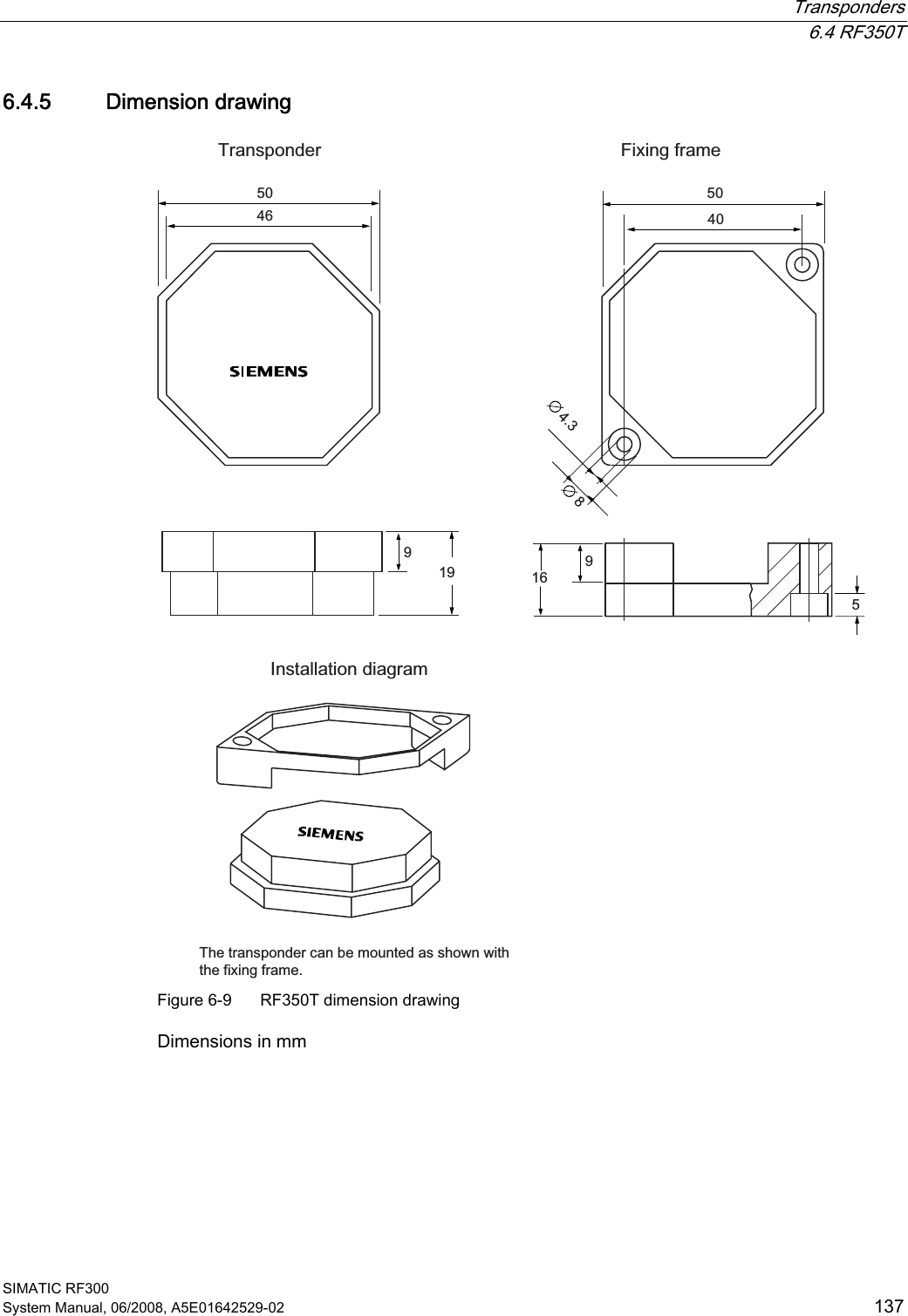  Transponders  6.4 RF350T SIMATIC RF300 System Manual, 06/2008, A5E01642529-02  137 6.4.5 Dimension drawing 7KHWUDQVSRQGHUFDQEHPRXQWHGDVVKRZQZLWKWKHIL[LQJIUDPH,QVWDOODWLRQGLDJUDP)L[LQJIUDPH7UDQVSRQGHU Figure 6-9  RF350T dimension drawing Dimensions in mm 