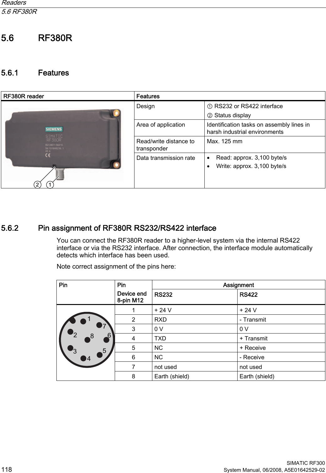 Readers   5.6 RF380R  SIMATIC RF300 118 System Manual, 06/2008, A5E01642529-02 5.6 RF380R 5.6.1 Features  RF380R reader  Features Design  ① RS232 or RS422 interface ② Status display Area of application  Identification tasks on assembly lines in harsh industrial environments Read/write distance to transponder Max. 125 mm   Data transmission rate  • Read: approx. 3,100 byte/s • Write: approx. 3,100 byte/s  5.6.2 Pin assignment of RF380R RS232/RS422 interface You can connect the RF380R reader to a higher-level system via the internal RS422 interface or via the RS232 interface. After connection, the interface module automatically detects which interface has been used. Note correct assignment of the pins here:  Assignment Pin  Pin Device end 8-pin M12  RS232  RS422 1  + 24 V  + 24 V 2  RXD  - Transmit 3  0 V  0 V 4  TXD  + Transmit 5  NC  + Receive 6  NC  - Receive 7  not used  not used   8  Earth (shield)  Earth (shield)  
