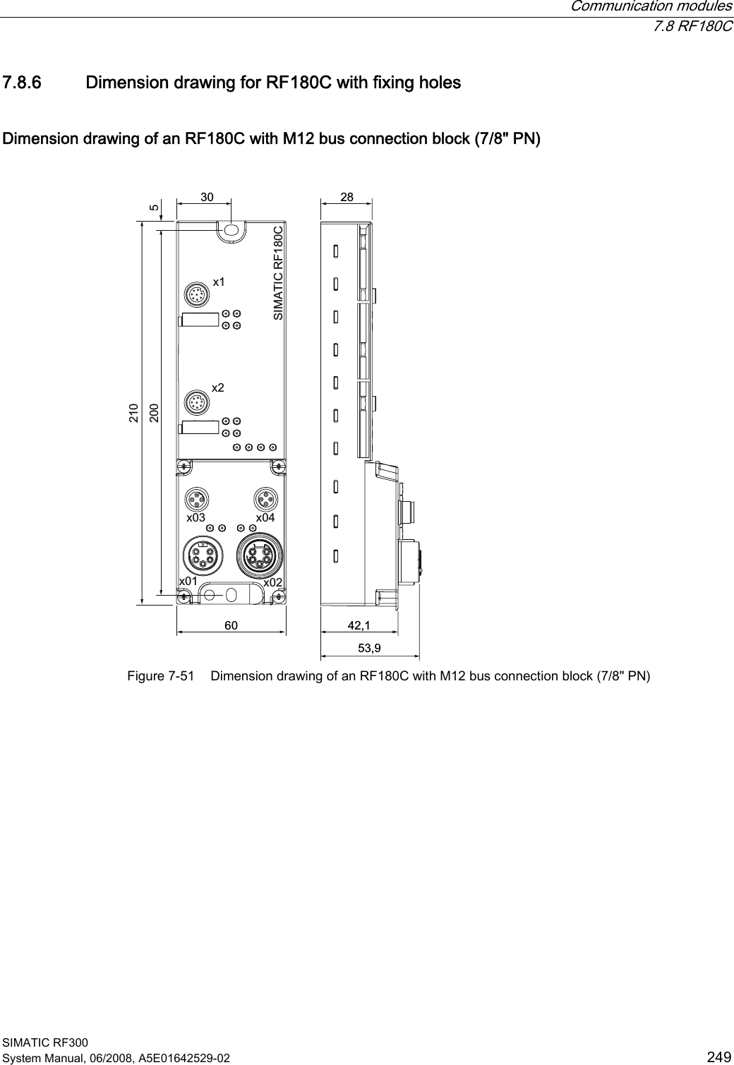  Communication modules  7.8 RF180C SIMATIC RF300 System Manual, 06/2008, A5E01642529-02  249 7.8.6 Dimension drawing for RF180C with fixing holes Dimension drawing of an RF180C with M12 bus connection block (7/8&quot; PN)   [[6,0$7,&amp;5)&amp;[ [[ [ Figure 7-51  Dimension drawing of an RF180C with M12 bus connection block (7/8&quot; PN) 