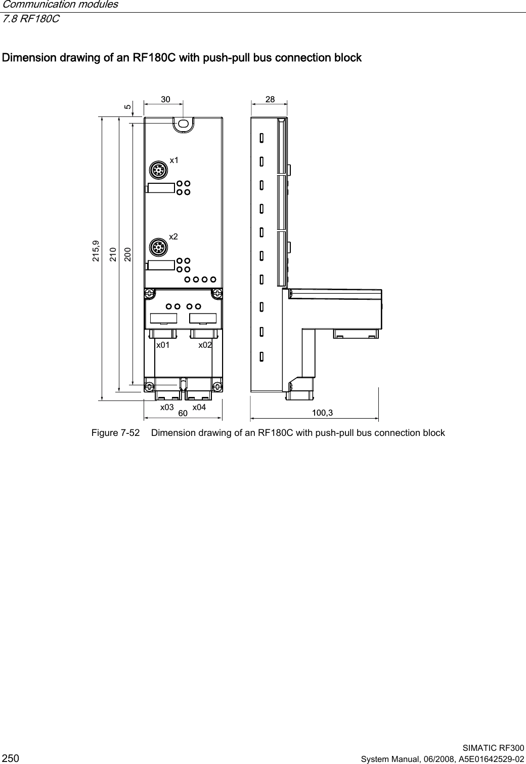 Communication modules   7.8 RF180C  SIMATIC RF300 250 System Manual, 06/2008, A5E01642529-02 Dimension drawing of an RF180C with push-pull bus connection block   [[ [[ [[ Figure 7-52  Dimension drawing of an RF180C with push-pull bus connection block 