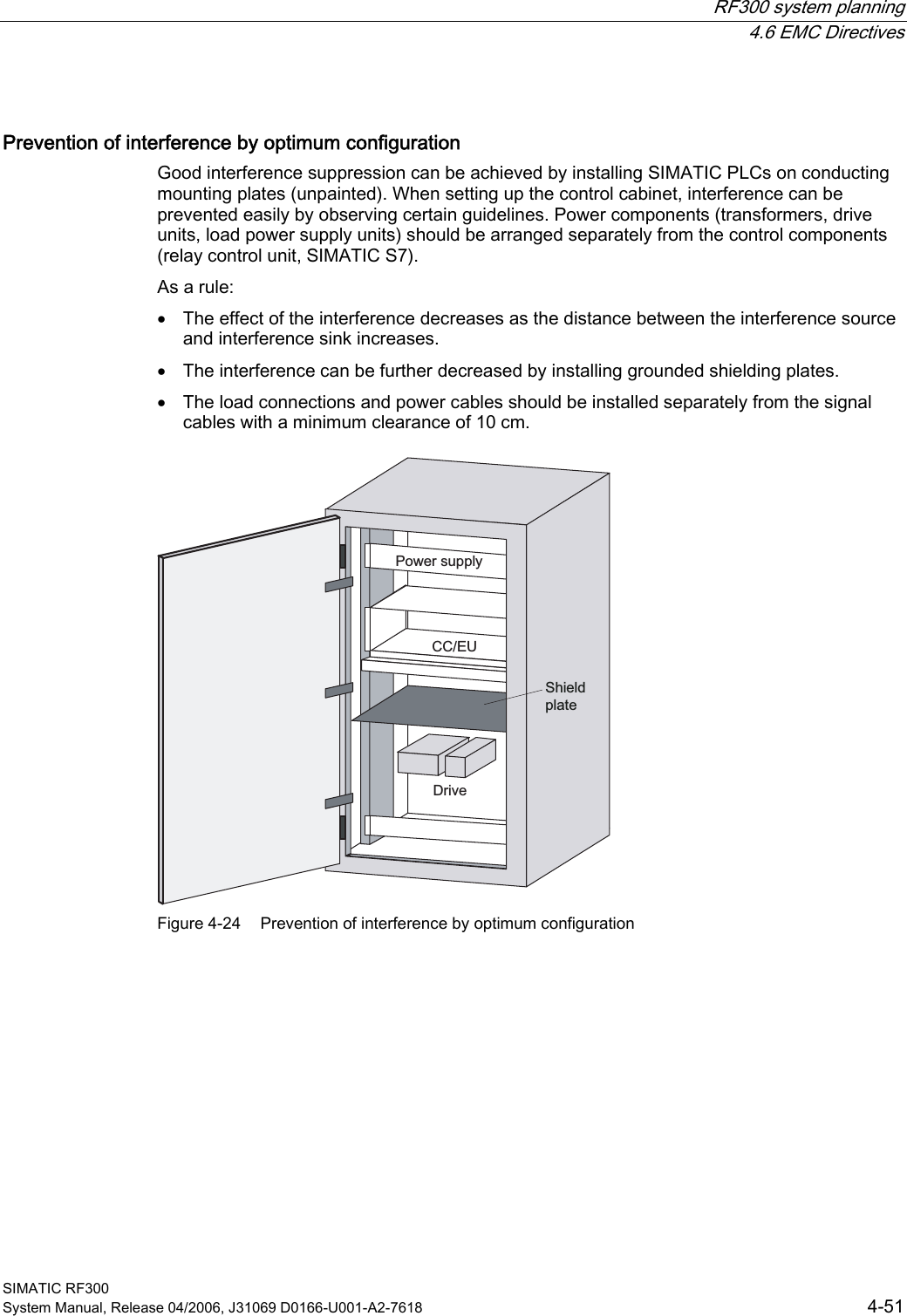  RF300 system planning  4.6 EMC Directives SIMATIC RF300 System Manual, Release 04/2006, J31069 D0166-U001-A2-7618  4-51 Prevention of interference by optimum configuration Good interference suppression can be achieved by installing SIMATIC PLCs on conducting mounting plates (unpainted). When setting up the control cabinet, interference can be prevented easily by observing certain guidelines. Power components (transformers, drive units, load power supply units) should be arranged separately from the control components (relay control unit, SIMATIC S7). As a rule: • The effect of the interference decreases as the distance between the interference source and interference sink increases. • The interference can be further decreased by installing grounded shielding plates. • The load connections and power cables should be installed separately from the signal cables with a minimum clearance of 10 cm. 3RZHUVXSSO\&amp;&amp;(8&apos;ULYH6KLHOGSODWH Figure 4-24  Prevention of interference by optimum configuration 