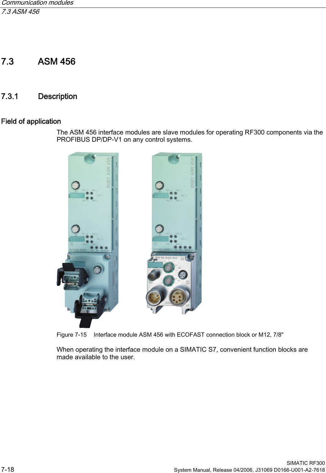 Communication modules 7.3 ASM 456  SIMATIC RF300 7-18  System Manual, Release 04/2006, J31069 D0166-U001-A2-7618 7.3 7.3 ASM 456 7.3.1  Description Field of application The ASM 456 interface modules are slave modules for operating RF300 components via the PROFIBUS DP/DP-V1 on any control systems.  Figure 7-15  Interface module ASM 456 with ECOFAST connection block or M12, 7/8&quot; When operating the interface module on a SIMATIC S7, convenient function blocks are made available to the user. 