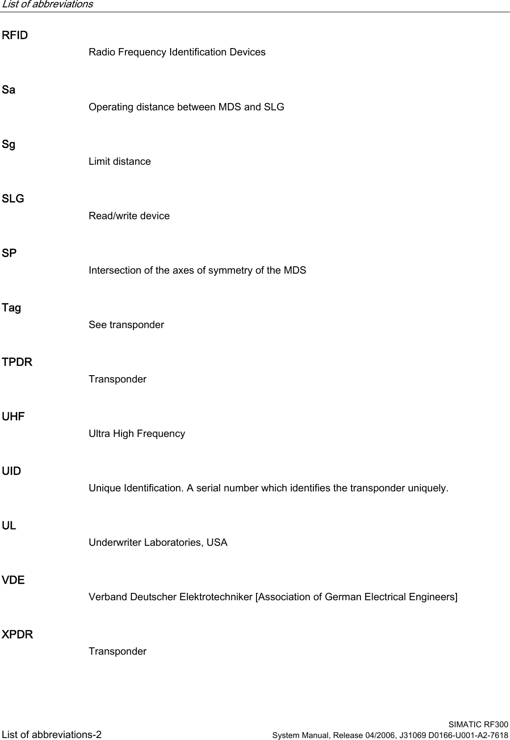 List of abbreviations    SIMATIC RF300 List of abbreviations-2  System Manual, Release 04/2006, J31069 D0166-U001-A2-7618 RFID Radio Frequency Identification Devices Sa Operating distance between MDS and SLG Sg Limit distance SLG Read/write device SP Intersection of the axes of symmetry of the MDS Tag See transponder TPDR Transponder UHF Ultra High Frequency UID Unique Identification. A serial number which identifies the transponder uniquely. UL Underwriter Laboratories, USA VDE Verband Deutscher Elektrotechniker [Association of German Electrical Engineers] XPDR Transponder 