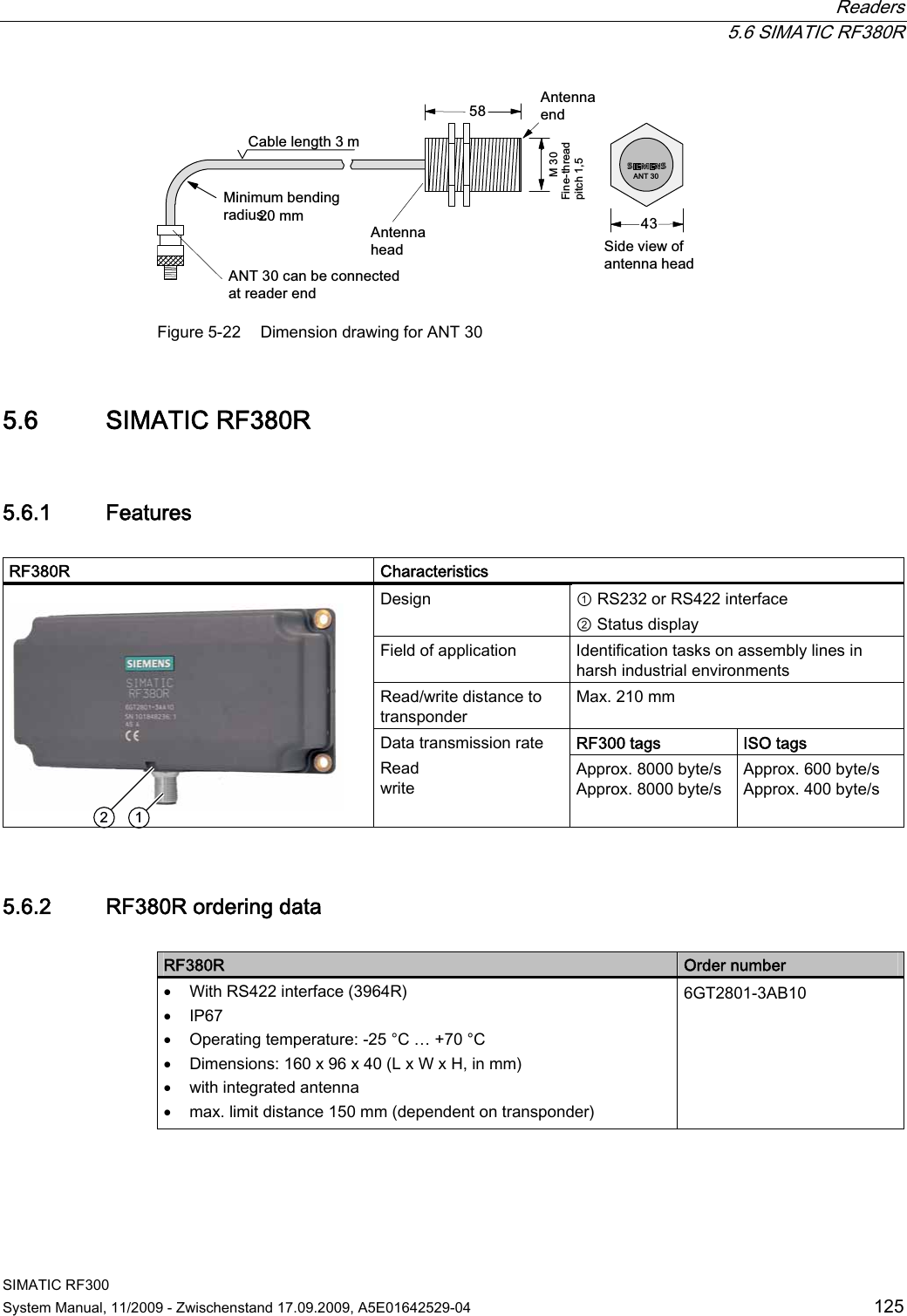  Readers  5.6 SIMATIC RF380R SIMATIC RF300 System Manual, 11/2009 - Zwischenstand 17.09.2009, A5E01642529-04  125 &amp;DEOHOHQJWKP0LQLPXPEHQGLQJUDGLXV$17FDQEHFRQQHFWHGDWUHDGHUHQG$QWHQQDKHDG 6LGHYLHZRIDQWHQQDKHDG$QWHQQDHQG)LQHWKUHDGSLWFKPP $170 Figure 5-22  Dimension drawing for ANT 30 5.6 SIMATIC RF380R 5.6.1 Features  RF380R   Characteristics Design  ① RS232 or RS422 interface ② Status display Field of application  Identification tasks on assembly lines in harsh industrial environments Read/write distance to transponder Max. 210 mm RF300 tags ISO tags   Data transmission rate Read write Approx. 8000 byte/s Approx. 8000 byte/s Approx. 600 byte/s Approx. 400 byte/s 5.6.2 RF380R ordering data  RF380R  Order number  With RS422 interface (3964R)  IP67  Operating temperature: -25 °C … +70 °C  Dimensions: 160 x 96 x 40 (L x W x H, in mm)  with integrated antenna  max. limit distance 150 mm (dependent on transponder) 6GT2801-3AB10 