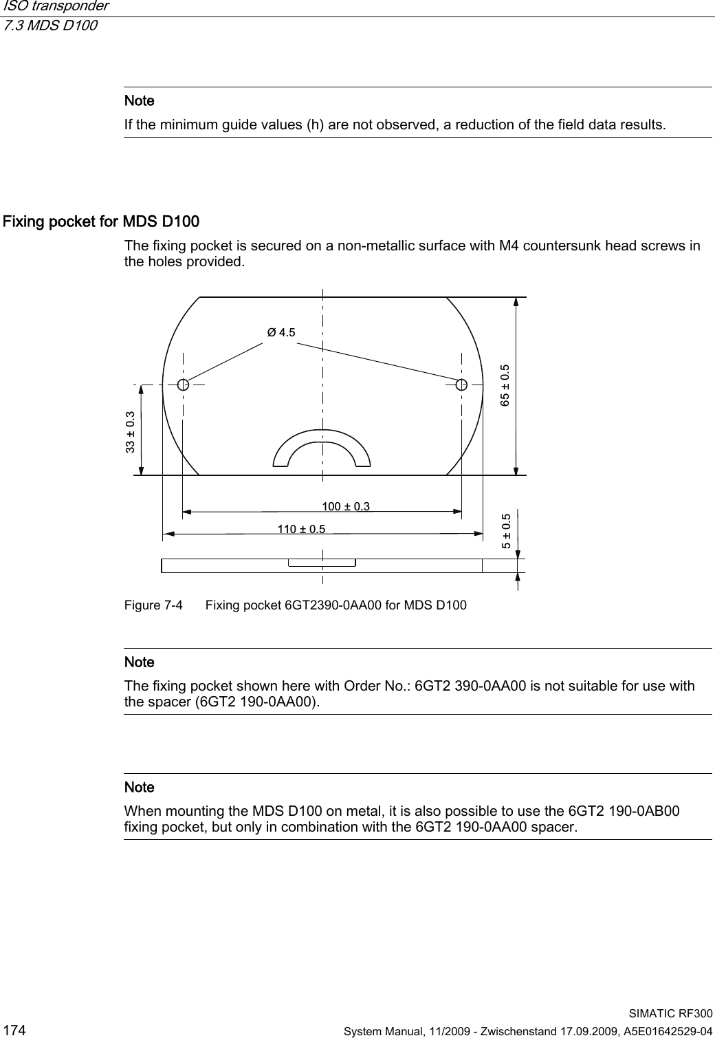 ISO transponder   7.3 MDS D100  SIMATIC RF300 174  System Manual, 11/2009 - Zwischenstand 17.09.2009, A5E01642529-04   Note If the minimum guide values (h) are not observed, a reduction of the field data results.   Fixing pocket for MDS D100  The fixing pocket is secured on a non-metallic surface with M4 countersunk head screws in the holes provided. sssss Figure 7-4  Fixing pocket 6GT2390-0AA00 for MDS D100   Note The fixing pocket shown here with Order No.: 6GT2 390-0AA00 is not suitable for use with the spacer (6GT2 190-0AA00).     Note When mounting the MDS D100 on metal, it is also possible to use the 6GT2 190-0AB00 fixing pocket, but only in combination with the 6GT2 190-0AA00 spacer.  