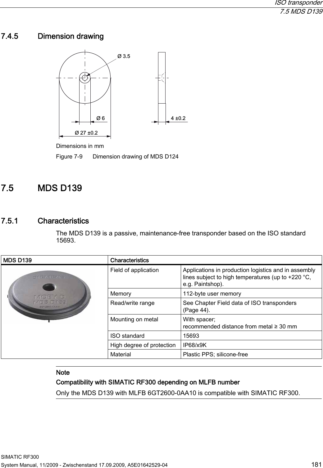  ISO transponder  7.5 MDS D139 SIMATIC RF300 System Manual, 11/2009 - Zwischenstand 17.09.2009, A5E01642529-04  181 7.4.5 Dimension drawing ss Dimensions in mm Figure 7-9  Dimension drawing of MDS D124 7.5 MDS D139 7.5.1 Characteristics The MDS D139 is a passive, maintenance-free transponder based on the ISO standard 15693.  MDS D139  Characteristics Field of application  Applications in production logistics and in assembly lines subject to high temperatures (up to +220 °C, e.g. Paintshop). Memory  112-byte user memory Read/write range  See Chapter Field data of ISO transponders (Page 44). Mounting on metal  With spacer;  recommended distance from metal ≥ 30 mm ISO standard  15693 High degree of protection  IP68/x9K  Material  Plastic PPS; silicone-free    Note Compatibility with SIMATIC RF300 depending on MLFB number Only the MDS D139 with MLFB 6GT2600-0AA10 is compatible with SIMATIC RF300.  