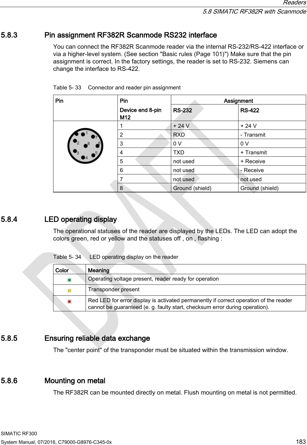  Readers  5.8 SIMATIC RF382R with Scanmode SIMATIC RF300 System Manual, 07/2016, C79000-G8976-C345-0x 183 5.8.3 Pin assignment RF382R Scanmode RS232 interface You can connect the RF382R Scanmode reader via the internal RS-232/RS-422 interface or via a higher-level system. (See section &quot;Basic rules (Page 101)&quot;) Make sure that the pin assignment is correct. In the factory settings, the reader is set to RS-232. Siemens can change the interface to RS-422. Table 5- 33 Connector and reader pin assignment Pin Pin Device end 8-pin M12 Assignment RS-232 RS-422    1 + 24 V + 24 V 2  RXD  - Transmit 3 0 V 0 V 4 TXD + Transmit 5 not used + Receive 6 not used - Receive 7 not used not used 8 Ground (shield) Ground (shield) 5.8.4 LED operating display The operational statuses of the reader are displayed by the LEDs. The LED can adopt the colors green, red or yellow and the statuses off , on , flashing : Table 5- 34   LED operating display on the reader Color Meaning  Operating voltage present, reader ready for operation  Transponder present  Red LED for error display is activated permanently if correct operation of the reader cannot be guaranteed (e. g. faulty start, checksum error during operation). 5.8.5 Ensuring reliable data exchange The &quot;center point&quot; of the transponder must be situated within the transmission window. 5.8.6 Mounting on metal The RF382R can be mounted directly on metal. Flush mounting on metal is not permitted.  