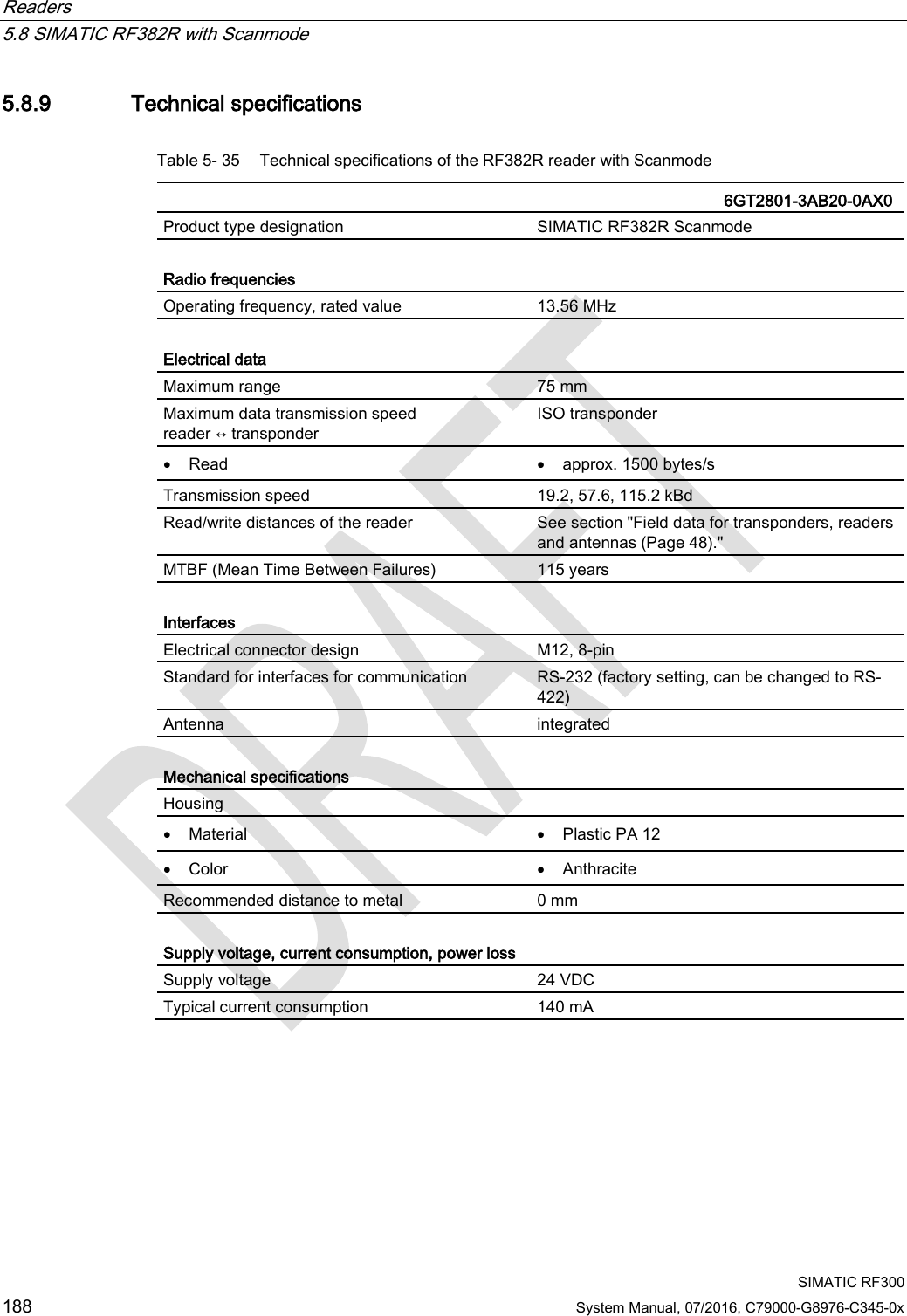 Readers   5.8 SIMATIC RF382R with Scanmode  SIMATIC RF300 188 System Manual, 07/2016, C79000-G8976-C345-0x 5.8.9 Technical specifications Table 5- 35 Technical specifications of the RF382R reader with Scanmode   6GT2801-3AB20-0AX0 Product type designation SIMATIC RF382R Scanmode  Radio frequencies  Operating frequency, rated value 13.56 MHz  Electrical data Maximum range 75 mm Maximum data transmission speed  reader ↔ transponder ISO transponder • Read • approx. 1500 bytes/s Transmission speed 19.2, 57.6, 115.2 kBd Read/write distances of the reader See section &quot;Field data for transponders, readers and antennas (Page 48).&quot; MTBF (Mean Time Between Failures) 115 years  Interfaces Electrical connector design M12, 8-pin Standard for interfaces for communication RS-232 (factory setting, can be changed to RS-422) Antenna integrated  Mechanical specifications Housing  • Material • Plastic PA 12 • Color • Anthracite Recommended distance to metal 0 mm  Supply voltage, current consumption, power loss  Supply voltage 24 VDC Typical current consumption 140 mA 