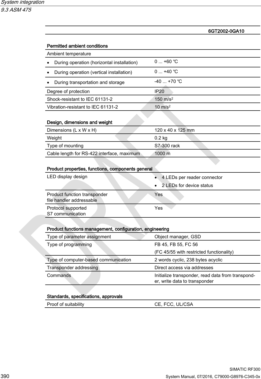 System integration   9.3 ASM 475  SIMATIC RF300 390 System Manual, 07/2016, C79000-G8976-C345-0x   6GT2002-0GA10  Permitted ambient conditions Ambient temperature  • During operation (horizontal installation) 0 ... +60 ℃ • During operation (vertical installation) 0 ... +40 ℃ • During transportation and storage -40 ... +70 ℃ Degree of protection IP20 Shock-resistant to IEC 61131-2  150 m/s2 Vibration-resistant to IEC 61131-2  10 m/s2  Design, dimensions and weight  Dimensions (L x W x H) 120 x 40 x 125 mm Weight 0.2 kg Type of mounting S7-300 rack Cable length for RS-422 interface, maximum 1000 m  Product properties, functions, components general  LED display design • 4 LEDs per reader connector • 2 LEDs for device status Product function transponder file handler addressable Yes Protocol supported  S7 communication Yes  Product functions management, configuration, engineering  Type of parameter assignment Object manager, GSD Type of programming FB 45, FB 55, FC 56 (FC 45/55 with restricted functionality) Type of computer-based communication 2 words cyclic, 238 bytes acyclic Transponder addressing Direct access via addresses Commands Initialize transponder, read data from transpond-er, write data to transponder  Standards, specifications, approvals Proof of suitability CE, FCC, UL/CSA  
