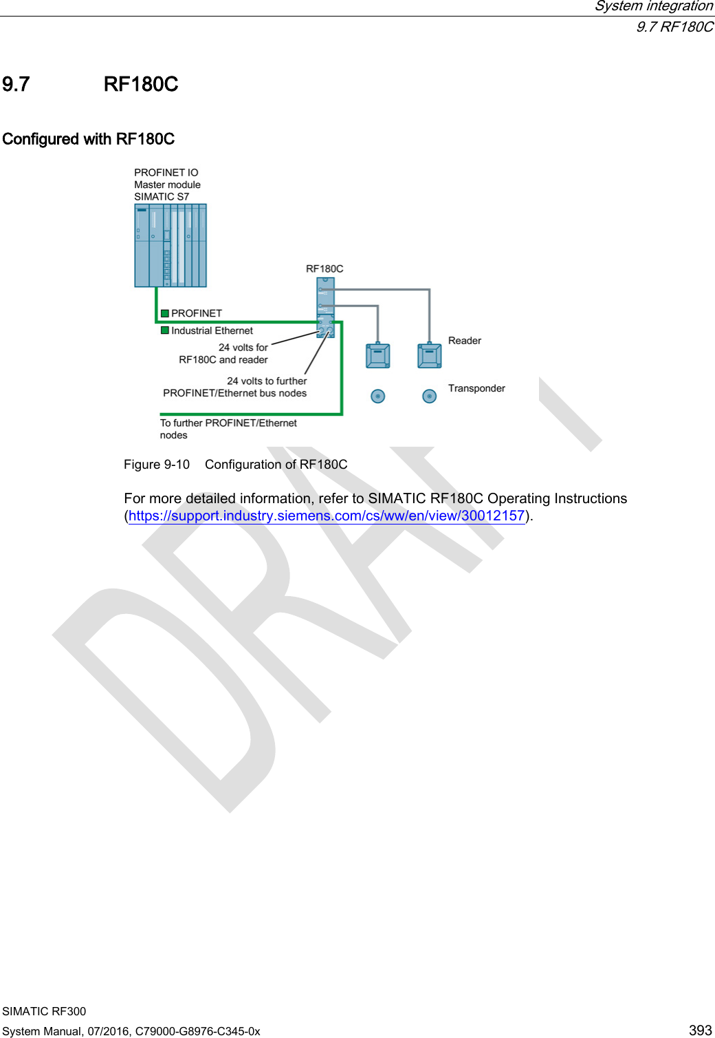  System integration  9.7 RF180C SIMATIC RF300 System Manual, 07/2016, C79000-G8976-C345-0x 393 9.7 RF180C Configured with RF180C  Figure 9-10 Configuration of RF180C For more detailed information, refer to SIMATIC RF180C Operating Instructions (https://support.industry.siemens.com/cs/ww/en/view/30012157). 