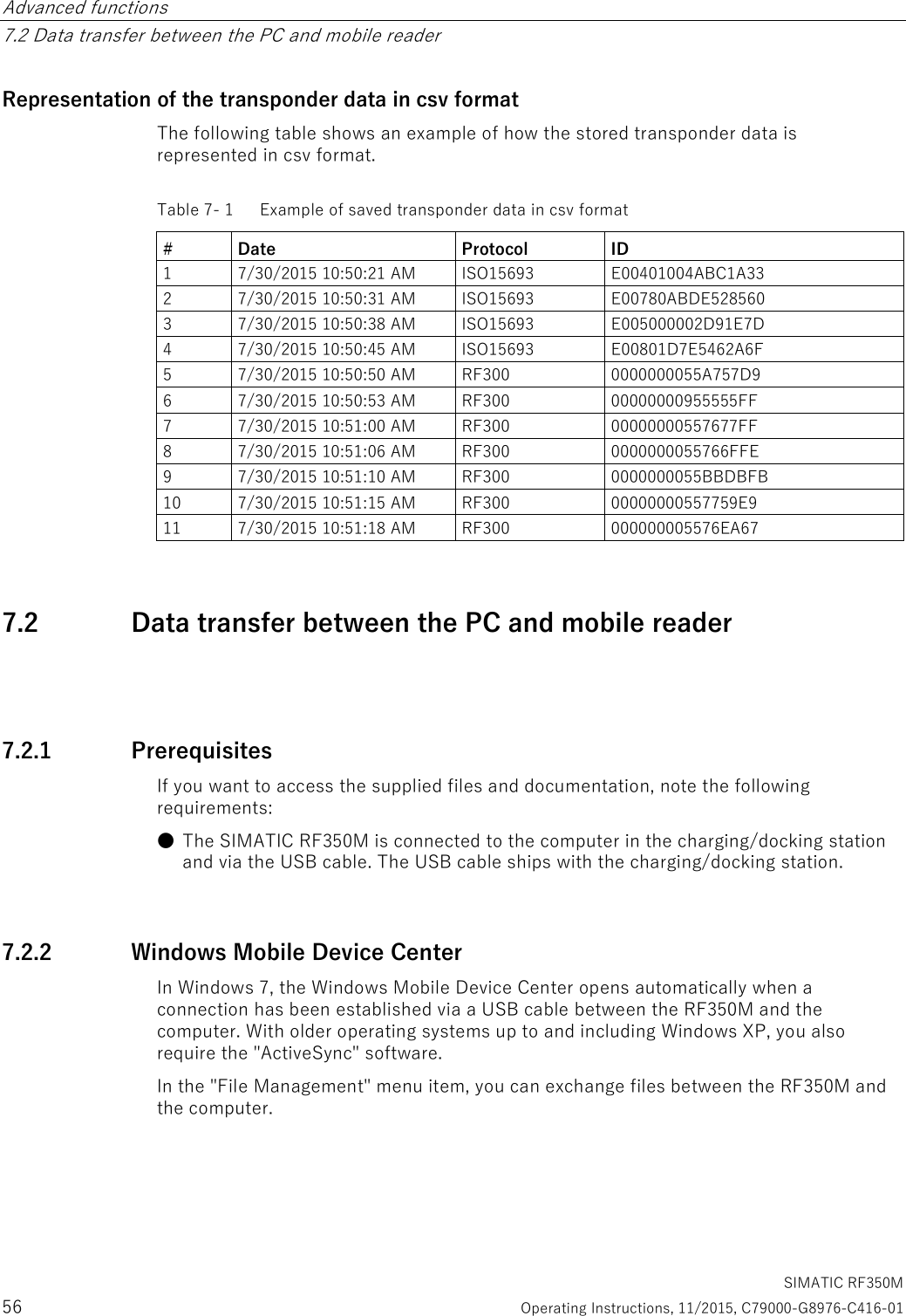 Advanced functions   7.2 Data transfer between the PC and mobile reader   SIMATIC RF350M 56  Operating Instructions, 11/2015, C79000-G8976-C416-01 Representation of the transponder data in csv format The following table shows an example of how the stored transponder data is represented in csv format. Table 7- 1  Example of saved transponder data in csv format  # Date Protocol ID 1  7/30/2015 10:50:21 AM  ISO15693  E00401004ABC1A33 2  7/30/2015 10:50:31 AM  ISO15693  E00780ABDE528560 3  7/30/2015 10:50:38 AM  ISO15693  E005000002D91E7D 4  7/30/2015 10:50:45 AM  ISO15693  E00801D7E5462A6F 5  7/30/2015 10:50:50 AM  RF300  0000000055A757D9 6  7/30/2015 10:50:53 AM  RF300  00000000955555FF 7  7/30/2015 10:51:00 AM  RF300  00000000557677FF 8  7/30/2015 10:51:06 AM  RF300  0000000055766FFE 9  7/30/2015 10:51:10 AM  RF300  0000000055BBDBFB 10  7/30/2015 10:51:15 AM  RF300  00000000557759E9 11  7/30/2015 10:51:18 AM  RF300  000000005576EA67 7.2 Data transfer between the PC and mobile reader  7.2.1 Prerequisites If you want to access the supplied files and documentation, note the following requirements:  ● The SIMATIC RF350M is connected to the computer in the charging/docking station and via the USB cable. The USB cable ships with the charging/docking station. 7.2.2 Windows Mobile Device Center In Windows 7, the Windows Mobile Device Center opens automatically when a connection has been established via a USB cable between the RF350M and the computer. With older operating systems up to and including Windows XP, you also require the &quot;ActiveSync&quot; software. In the &quot;File Management&quot; menu item, you can exchange files between the RF350M and the computer. 