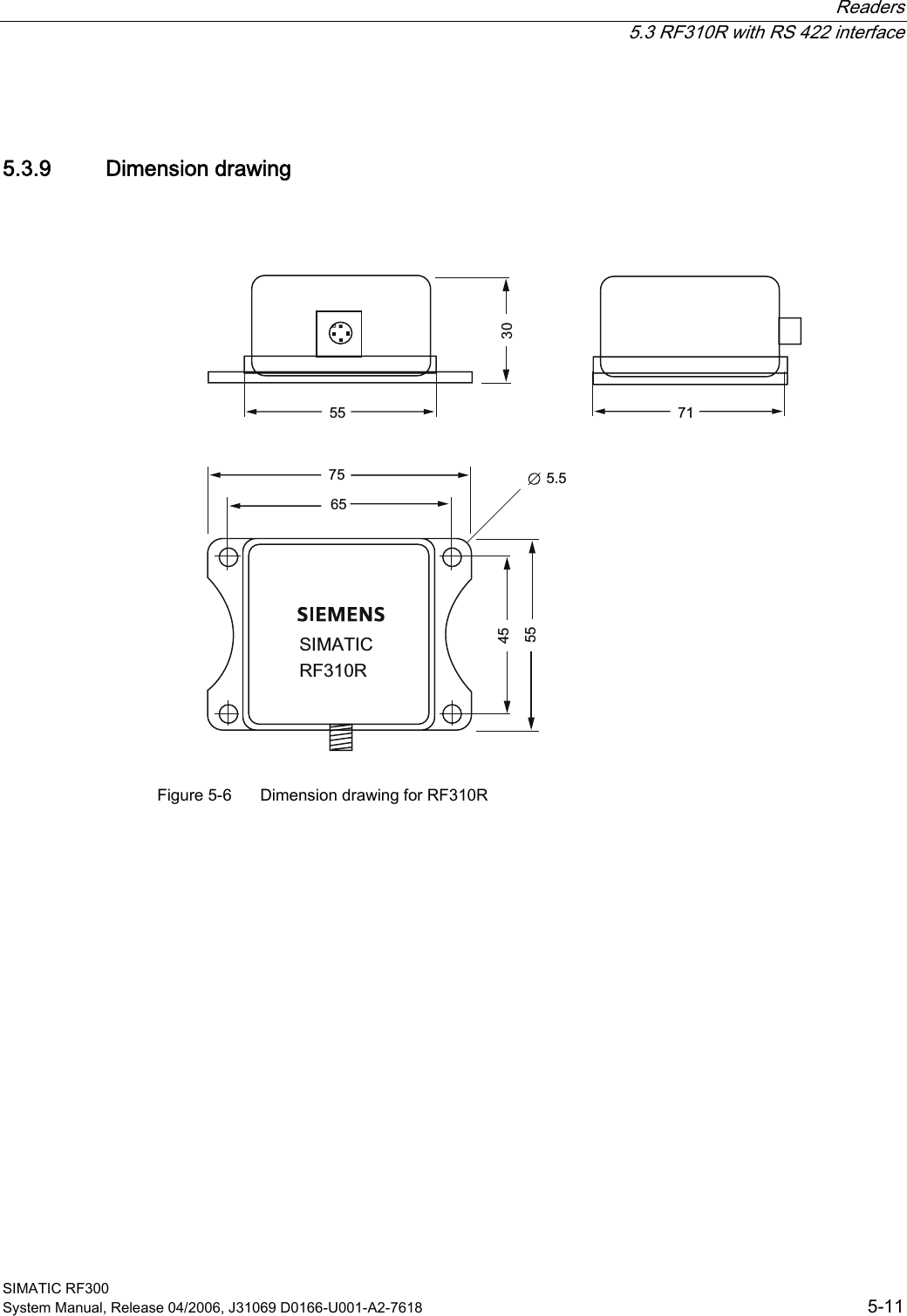  Readers  5.3 RF310R with RS 422 interface SIMATIC RF300 System Manual, Release 04/2006, J31069 D0166-U001-A2-7618  5-11 5.3.9  Dimension drawing   6,0$7,&amp;5)5 Figure 5-6  Dimension drawing for RF310R 