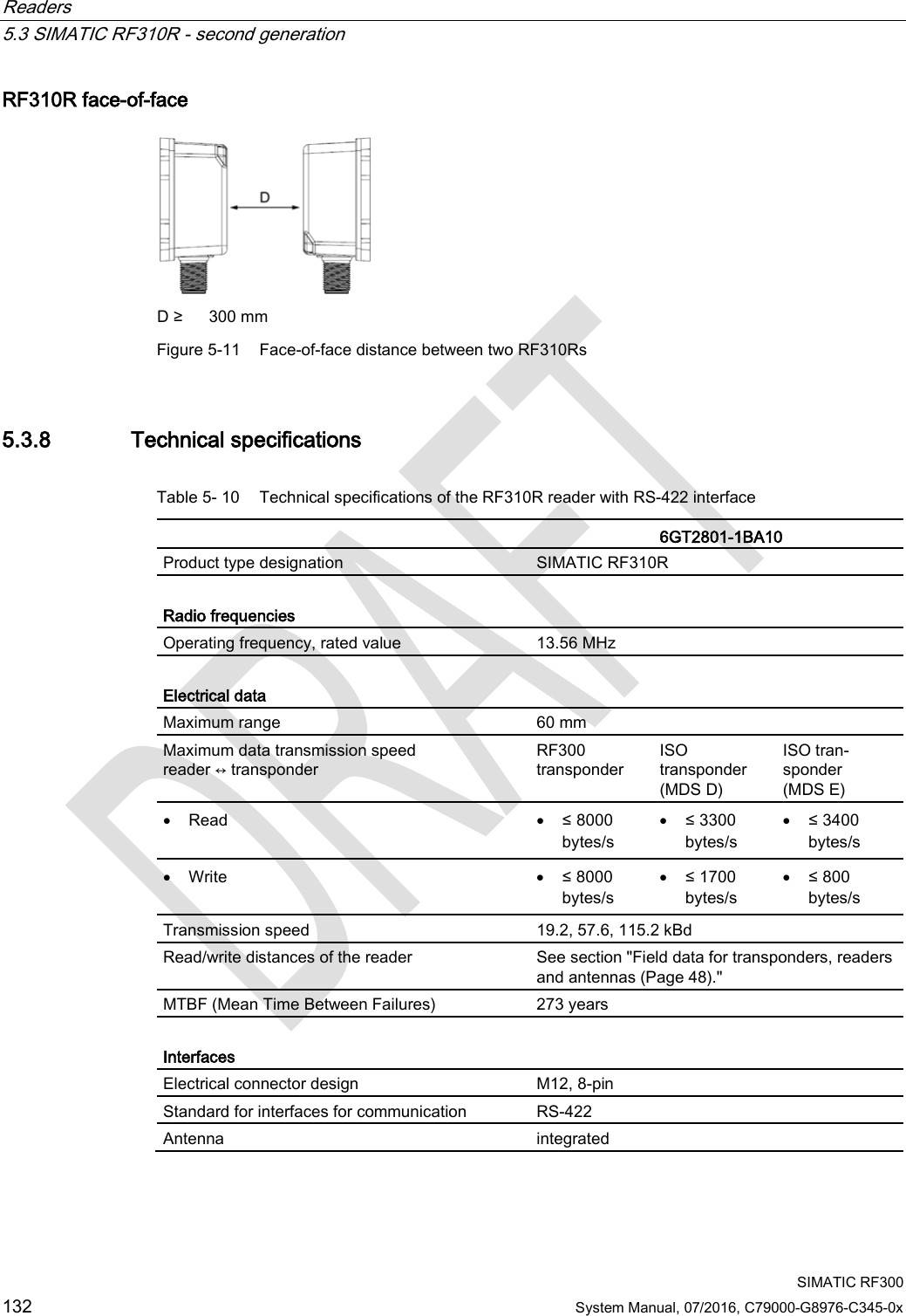 Readers   5.3 SIMATIC RF310R - second generation  SIMATIC RF300 132 System Manual, 07/2016, C79000-G8976-C345-0x RF310R face-of-face  D ≥ 300 mm Figure 5-11 Face-of-face distance between two RF310Rs 5.3.8 Technical specifications Table 5- 10 Technical specifications of the RF310R reader with RS-422 interface   6GT2801-1BA10 Product type designation SIMATIC RF310R  Radio frequencies  Operating frequency, rated value 13.56 MHz  Electrical data Maximum range 60 mm Maximum data transmission speed  reader ↔ transponder RF300  transponder ISO  transponder (MDS D) ISO tran-sponder (MDS E) • Read • ≤ 8000  bytes/s • ≤ 3300  bytes/s • ≤ 3400  bytes/s • Write  • ≤ 8000  bytes/s • ≤ 1700  bytes/s • ≤ 800  bytes/s Transmission speed 19.2, 57.6, 115.2 kBd Read/write distances of the reader See section &quot;Field data for transponders, readers and antennas (Page 48).&quot; MTBF (Mean Time Between Failures) 273 years  Interfaces Electrical connector design M12, 8-pin Standard for interfaces for communication RS-422 Antenna integrated 