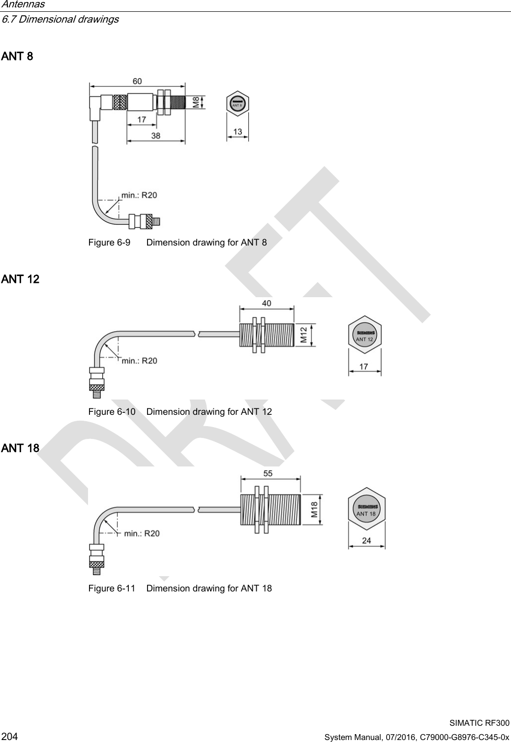 Antennas   6.7 Dimensional drawings  SIMATIC RF300 204 System Manual, 07/2016, C79000-G8976-C345-0x ANT 8  Figure 6-9  Dimension drawing for ANT 8 ANT 12  Figure 6-10 Dimension drawing for ANT 12 ANT 18  Figure 6-11 Dimension drawing for ANT 18 