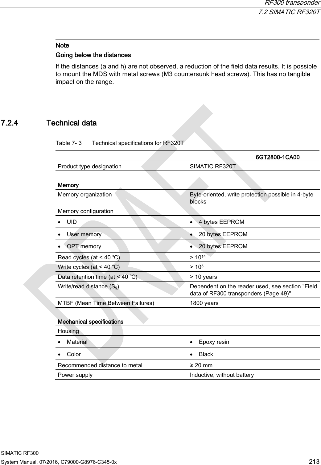  RF300 transponder  7.2 SIMATIC RF320T SIMATIC RF300 System Manual, 07/2016, C79000-G8976-C345-0x  213   Note Going below the distances  If the distances (a and h) are not observed, a reduction of the field data results. It is possible to mount the MDS with metal screws (M3 countersunk head screws). This has no tangible impact on the range.  7.2.4 Technical data Table 7- 3  Technical specifications for RF320T    6GT2800-1CA00 Product type designation SIMATIC RF320T  Memory Memory organization  Byte-oriented, write protection possible in 4-byte blocks Memory configuration  • UID • 4 bytes EEPROM • User memory • 20 bytes EEPROM • OPT memory • 20 bytes EEPROM Read cycles (at &lt; 40 ℃) &gt; 1014 Write cycles (at &lt; 40 ℃) &gt; 105 Data retention time (at &lt; 40 ℃) &gt; 10 years Write/read distance (Sg)  Dependent on the reader used, see section &quot;Field data of RF300 transponders (Page 49)&quot; MTBF (Mean Time Between Failures) 1800 years  Mechanical specifications Housing  • Material • Epoxy resin • Color • Black Recommended distance to metal ≥ 20 mm Power supply Inductive, without battery 