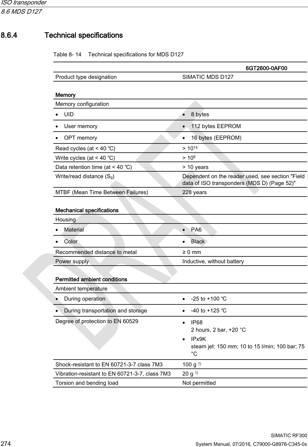 ISO transponder   8.6 MDS D127  SIMATIC RF300 274 System Manual, 07/2016, C79000-G8976-C345-0x 8.6.4 Technical specifications Table 8- 14 Technical specifications for MDS D127    6GT2600-0AF00  Product type designation SIMATIC MDS D127  Memory Memory configuration  • UID • 8 bytes • User memory • 112 bytes EEPROM • OPT memory • 16 bytes (EEPROM) Read cycles (at &lt; 40 ℃) &gt; 1014 Write cycles (at &lt; 40 ℃) &gt; 106 Data retention time (at &lt; 40 ℃) &gt; 10 years Write/read distance (Sg)  Dependent on the reader used, see section &quot;Field data of ISO transponders (MDS D) (Page 52)&quot; MTBF (Mean Time Between Failures) 228 years  Mechanical specifications Housing  • Material • PA6 • Color • Black Recommended distance to metal ≥ 0 mm Power supply Inductive, without battery  Permitted ambient conditions Ambient temperature  • During operation • -25 to +100 ℃ • During transportation and storage • -40 to +125 ℃ Degree of protection to EN 60529 • IP68 2 hours, 2 bar, +20 °C • IPx9K steam jet: 150 mm; 10 to 15 l/min; 100 bar; 75 °C Shock-resistant to EN 60721-3-7 class 7M3  100 g 1) Vibration-resistant to EN 60721-3-7, class 7M3 20 g 1) Torsion and bending load Not permitted 