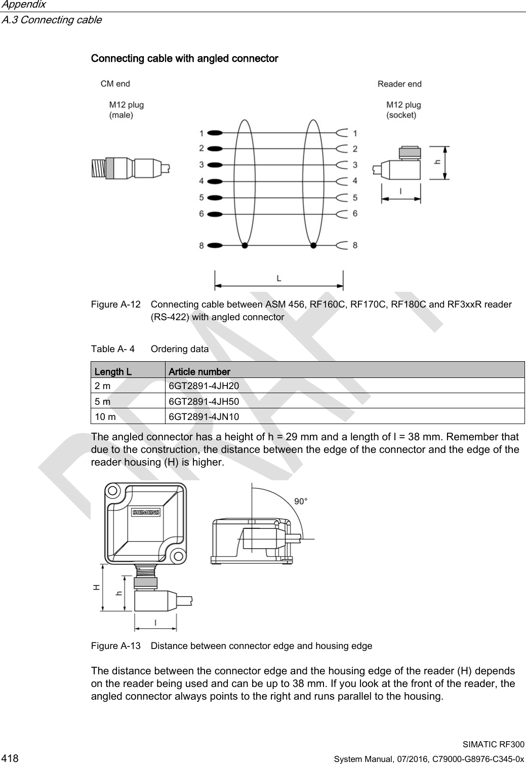Appendix   A.3 Connecting cable  SIMATIC RF300 418 System Manual, 07/2016, C79000-G8976-C345-0x Connecting cable with angled connector  Figure A-12 Connecting cable between ASM 456, RF160C, RF170C, RF180C and RF3xxR reader (RS-422) with angled connector Table A- 4  Ordering data Length L Article number 2 m 6GT2891-4JH20 5 m 6GT2891-4JH50 10 m 6GT2891-4JN10 The angled connector has a height of h = 29 mm and a length of l = 38 mm. Remember that due to the construction, the distance between the edge of the connector and the edge of the reader housing (H) is higher.  Figure A-13 Distance between connector edge and housing edge The distance between the connector edge and the housing edge of the reader (H) depends on the reader being used and can be up to 38 mm. If you look at the front of the reader, the angled connector always points to the right and runs parallel to the housing. 