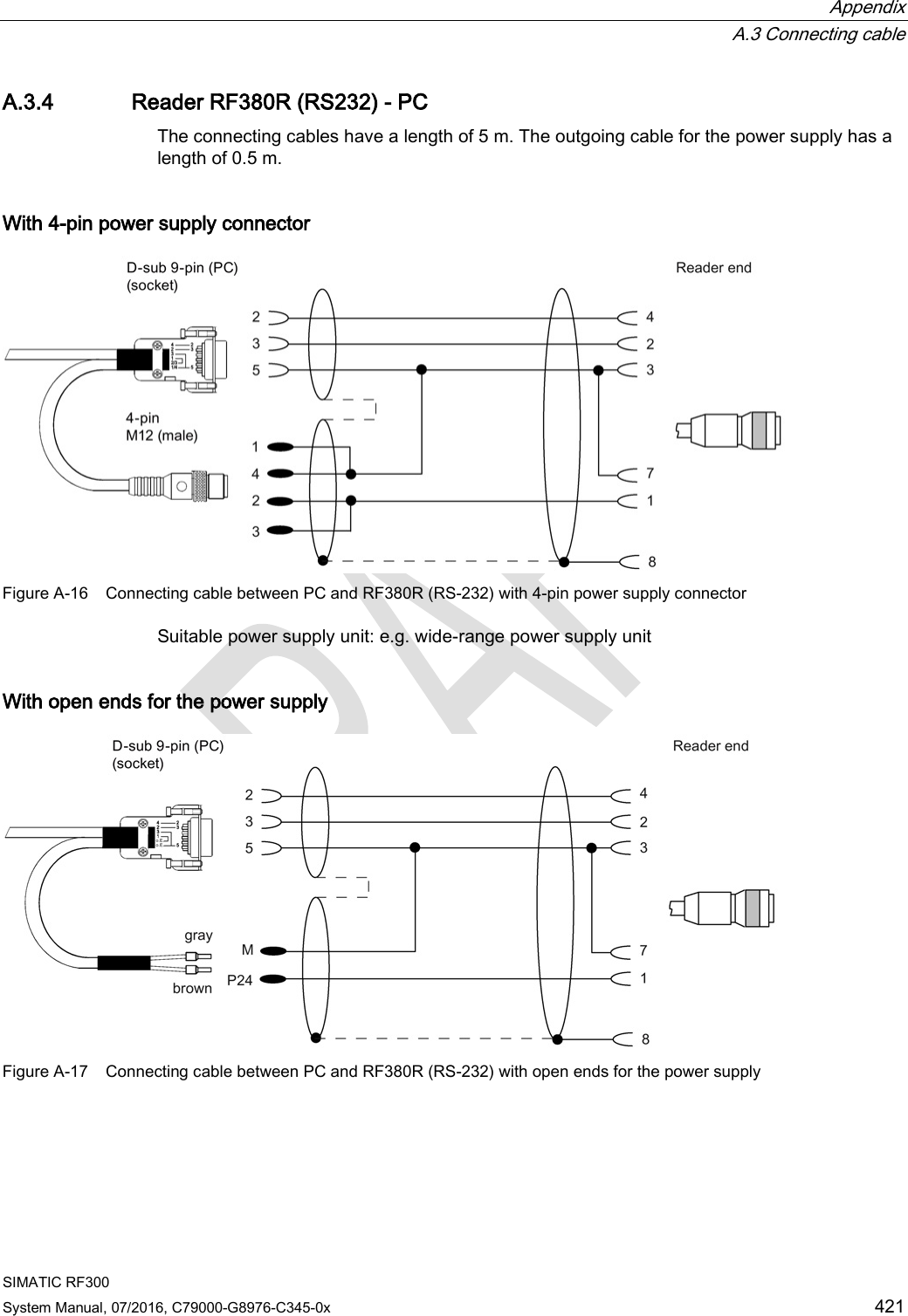  Appendix  A.3 Connecting cable SIMATIC RF300 System Manual, 07/2016, C79000-G8976-C345-0x 421 A.3.4 Reader RF380R (RS232) - PC The connecting cables have a length of 5 m. The outgoing cable for the power supply has a length of 0.5 m. With 4-pin power supply connector  Figure A-16 Connecting cable between PC and RF380R (RS-232) with 4-pin power supply connector Suitable power supply unit: e.g. wide-range power supply unit  With open ends for the power supply  Figure A-17 Connecting cable between PC and RF380R (RS-232) with open ends for the power supply 