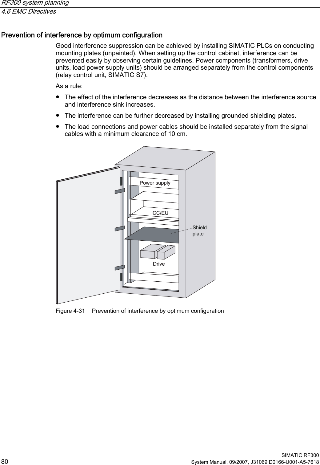 RF300 system planning   4.6 EMC Directives  SIMATIC RF300 80 System Manual, 09/2007, J31069 D0166-U001-A5-7618 Prevention of interference by optimum configuration Good interference suppression can be achieved by installing SIMATIC PLCs on conducting mounting plates (unpainted). When setting up the control cabinet, interference can be prevented easily by observing certain guidelines. Power components (transformers, drive units, load power supply units) should be arranged separately from the control components (relay control unit, SIMATIC S7). As a rule: ●  The effect of the interference decreases as the distance between the interference source and interference sink increases. ●  The interference can be further decreased by installing grounded shielding plates. ●  The load connections and power cables should be installed separately from the signal cables with a minimum clearance of 10 cm. 3RZHUVXSSO\&amp;&amp;(8&apos;ULYH6KLHOGSODWH Figure 4-31  Prevention of interference by optimum configuration 