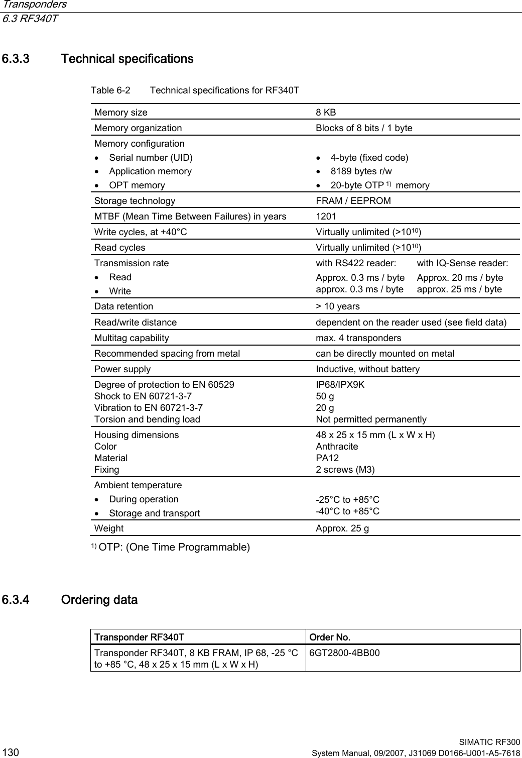 Transponders   6.3 RF340T  SIMATIC RF300 130 System Manual, 09/2007, J31069 D0166-U001-A5-7618 6.3.3 Technical specifications Table 6-2  Technical specifications for RF340T  Memory size  8 KB Memory organization  Blocks of 8 bits / 1 byte Memory configuration • Serial number (UID) • Application memory • OPT memory  • 4-byte (fixed code) • 8189 bytes r/w • 20-byte OTP 1)  memory Storage technology  FRAM / EEPROM MTBF (Mean Time Between Failures) in years  1201 Write cycles, at +40°C  Virtually unlimited (&gt;1010) Read cycles  Virtually unlimited (&gt;1010) Transmission rate • Read • Write with RS422 reader: Approx. 0.3 ms / byte approx. 0.3 ms / byte with IQ-Sense reader: Approx. 20 ms / byte approx. 25 ms / byte Data retention  &gt; 10 years Read/write distance  dependent on the reader used (see field data) Multitag capability  max. 4 transponders Recommended spacing from metal  can be directly mounted on metal Power supply  Inductive, without battery Degree of protection to EN 60529 Shock to EN 60721-3-7 Vibration to EN 60721-3-7 Torsion and bending load IP68/IPX9K 50 g 20 g Not permitted permanently Housing dimensions Color Material Fixing 48 x 25 x 15 mm (L x W x H) Anthracite PA12 2 screws (M3) Ambient temperature • During operation • Storage and transport  -25°C to +85°C -40°C to +85°C Weight  Approx. 25 g 1) OTP: (One Time Programmable) 6.3.4 Ordering data  Transponder RF340T  Order No. Transponder RF340T, 8 KB FRAM, IP 68, -25 °C to +85 °C, 48 x 25 x 15 mm (L x W x H) 6GT2800-4BB00  