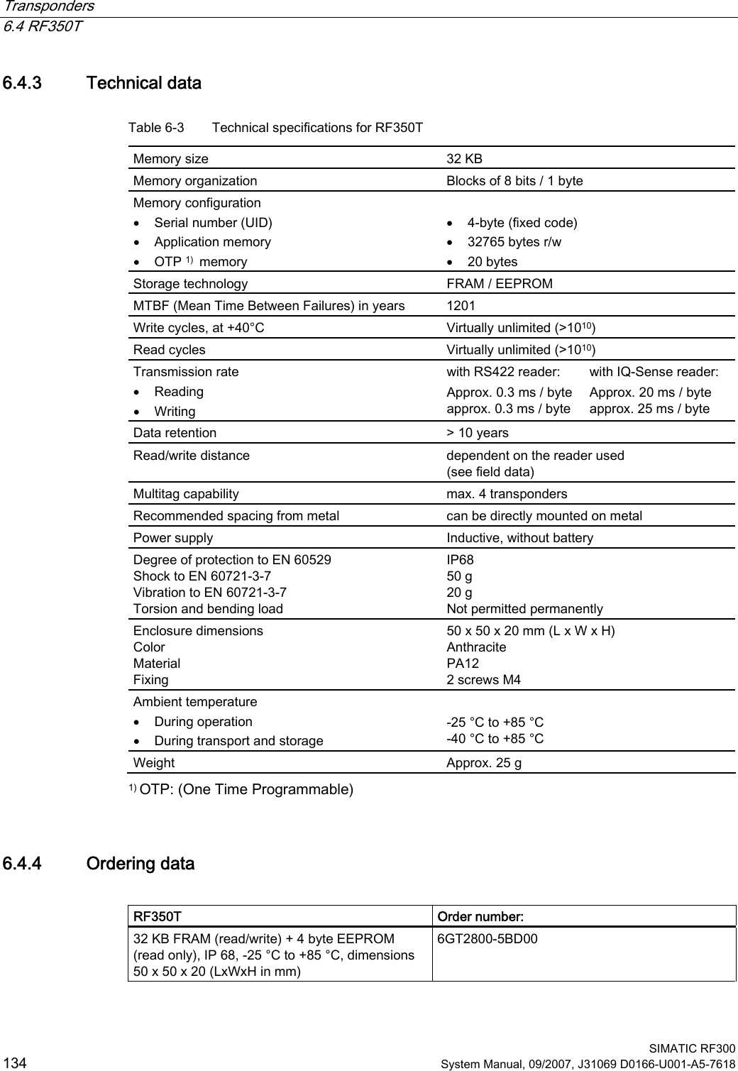 Transponders   6.4 RF350T  SIMATIC RF300 134 System Manual, 09/2007, J31069 D0166-U001-A5-7618 6.4.3 Technical data Table 6-3  Technical specifications for RF350T Memory size  32 KB Memory organization  Blocks of 8 bits / 1 byte Memory configuration • Serial number (UID) • Application memory • OTP 1)  memory  • 4-byte (fixed code) • 32765 bytes r/w • 20 bytes Storage technology  FRAM / EEPROM MTBF (Mean Time Between Failures) in years  1201 Write cycles, at +40°C  Virtually unlimited (&gt;1010) Read cycles  Virtually unlimited (&gt;1010) Transmission rate • Reading • Writing with RS422 reader: Approx. 0.3 ms / byte approx. 0.3 ms / byte with IQ-Sense reader: Approx. 20 ms / byte approx. 25 ms / byte Data retention  &gt; 10 years Read/write distance  dependent on the reader used (see field data) Multitag capability  max. 4 transponders Recommended spacing from metal  can be directly mounted on metal Power supply  Inductive, without battery Degree of protection to EN 60529 Shock to EN 60721-3-7 Vibration to EN 60721-3-7 Torsion and bending load IP68 50 g 20 g Not permitted permanently Enclosure dimensions Color Material Fixing 50 x 50 x 20 mm (L x W x H) Anthracite PA12 2 screws M4 Ambient temperature • During operation • During transport and storage  -25 °C to +85 °C -40 °C to +85 °C Weight  Approx. 25 g 1) OTP: (One Time Programmable) 6.4.4 Ordering data  RF350T  Order number: 32 KB FRAM (read/write) + 4 byte EEPROM (read only), IP 68, -25 °C to +85 °C, dimensions 50 x 50 x 20 (LxWxH in mm) 6GT2800-5BD00  