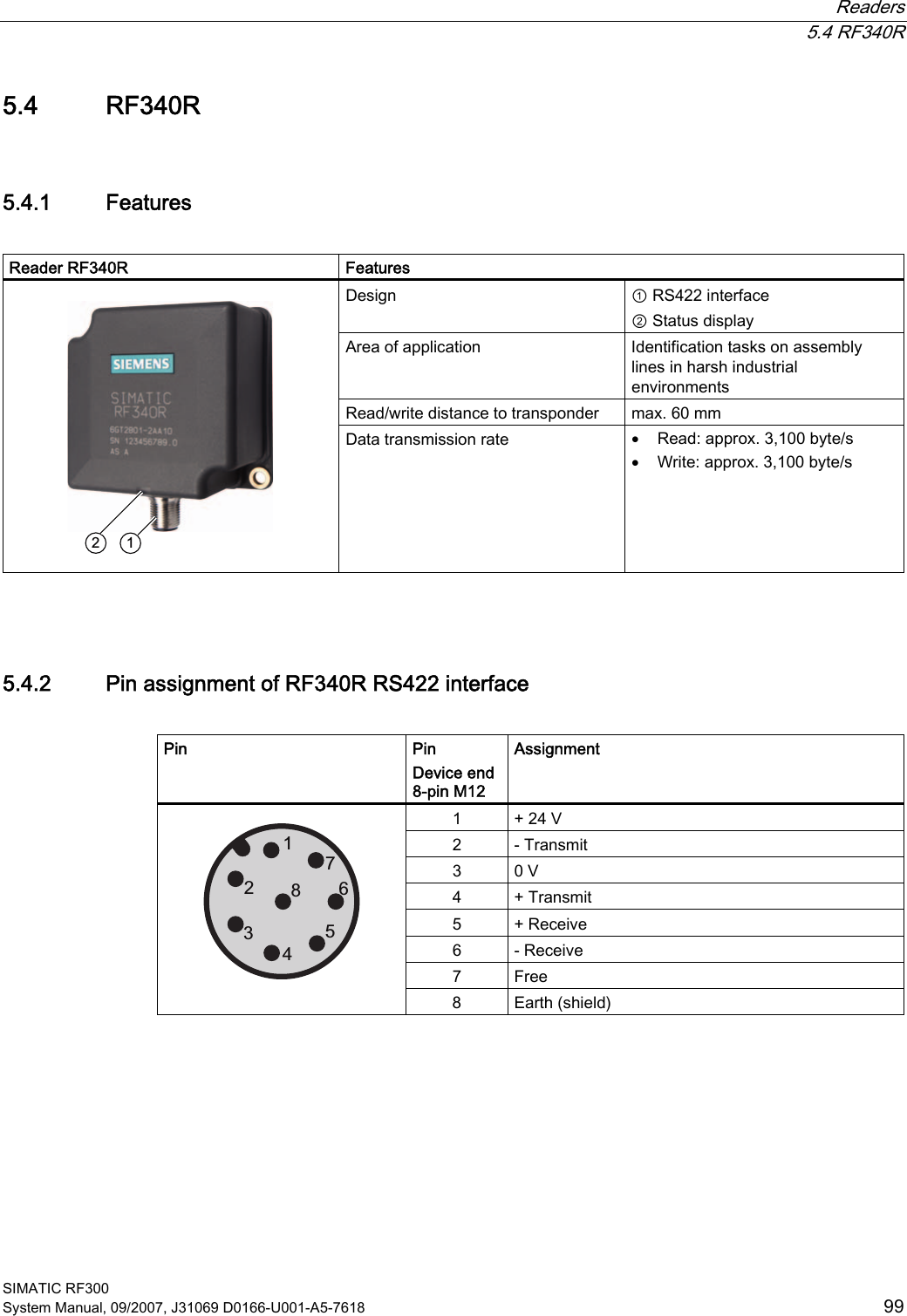  Readers  5.4 RF340R SIMATIC RF300 System Manual, 09/2007, J31069 D0166-U001-A5-7618  99 5.4 RF340R 5.4.1 Features  Reader RF340R  Features Design  ① RS422 interface ② Status display Area of application  Identification tasks on assembly lines in harsh industrial environments Read/write distance to transponder  max. 60 mm     Data transmission rate  • Read: approx. 3,100 byte/s • Write: approx. 3,100 byte/s  5.4.2 Pin assignment of RF340R RS422 interface  Pin  Pin Device end 8-pin M12 Assignment 1  + 24 V 2  - Transmit 3  0 V 4  + Transmit 5  + Receive 6  - Receive 7  Free    8  Earth (shield)  