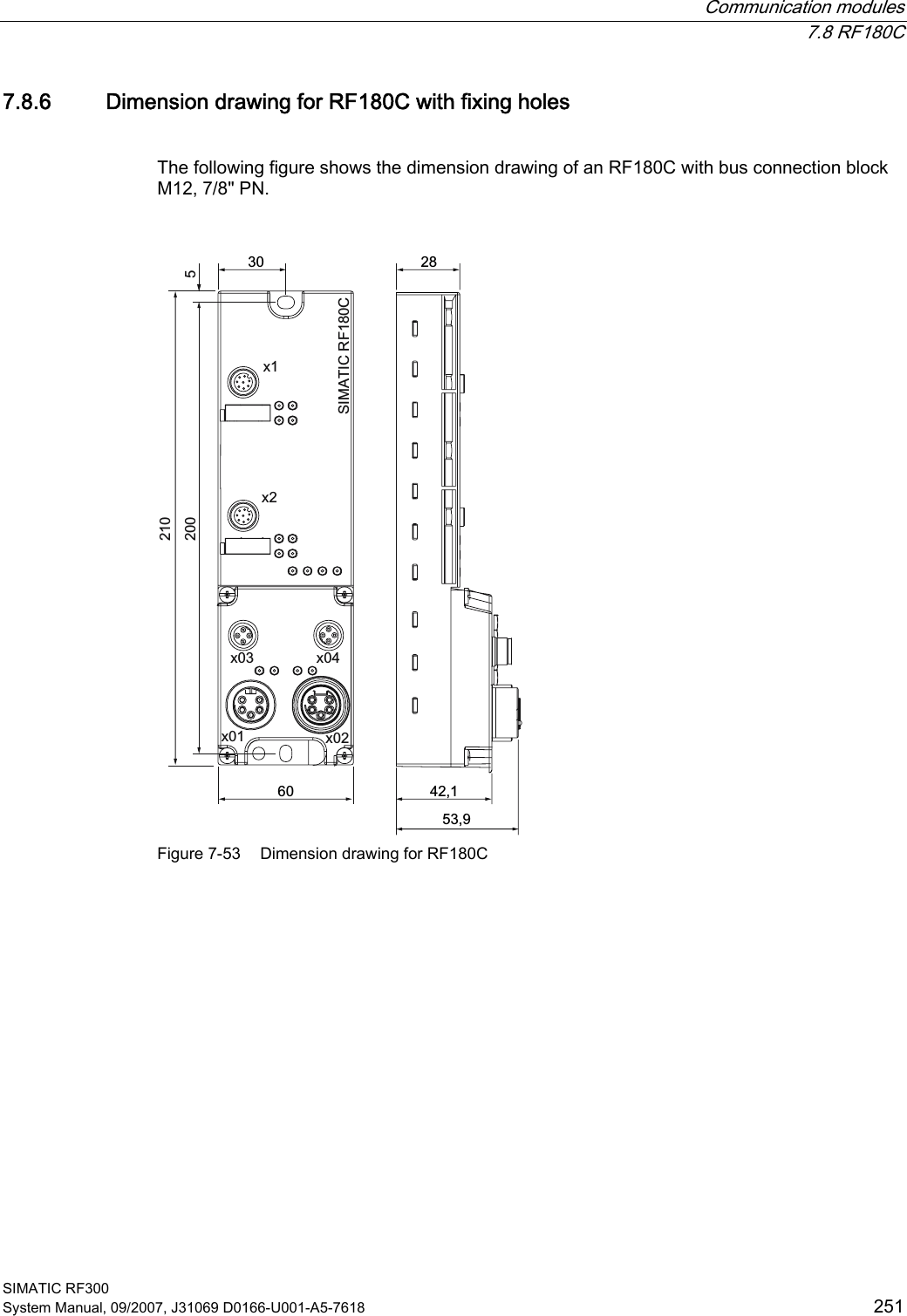  Communication modules  7.8 RF180C SIMATIC RF300 System Manual, 09/2007, J31069 D0166-U001-A5-7618  251 7.8.6 Dimension drawing for RF180C with fixing holes  The following figure shows the dimension drawing of an RF180C with bus connection block M12, 7/8&quot; PN.   [[6,0$7,&amp;5)&amp;[ [[ [ Figure 7-53  Dimension drawing for RF180C 