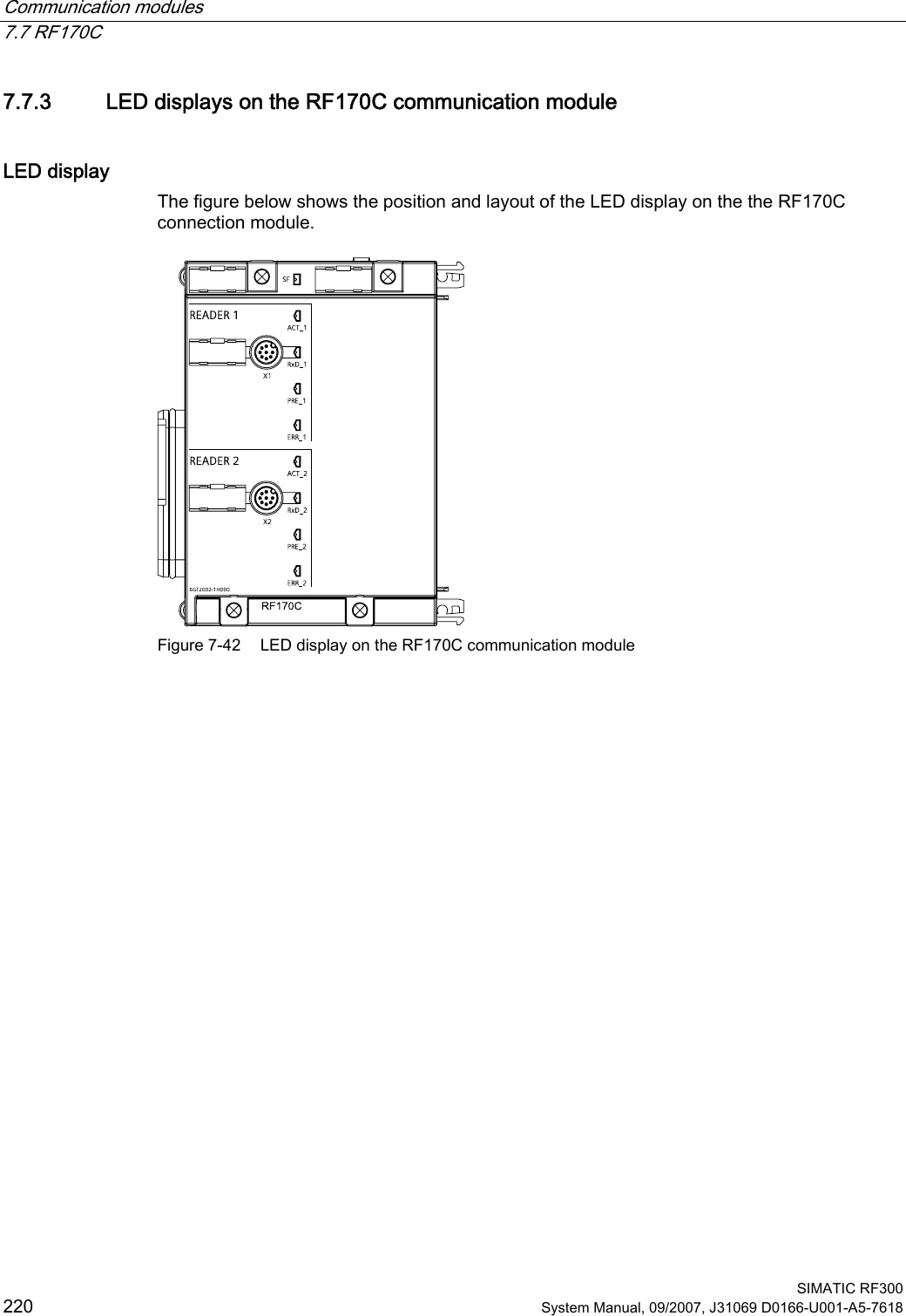 Communication modules   7.7 RF170C  SIMATIC RF300 220 System Manual, 09/2007, J31069 D0166-U001-A5-7618 7.7.3 LED displays on the RF170C communication module LED display  The figure below shows the position and layout of the LED display on the the RF170C connection module.  Figure 7-42  LED display on the RF170C communication module 