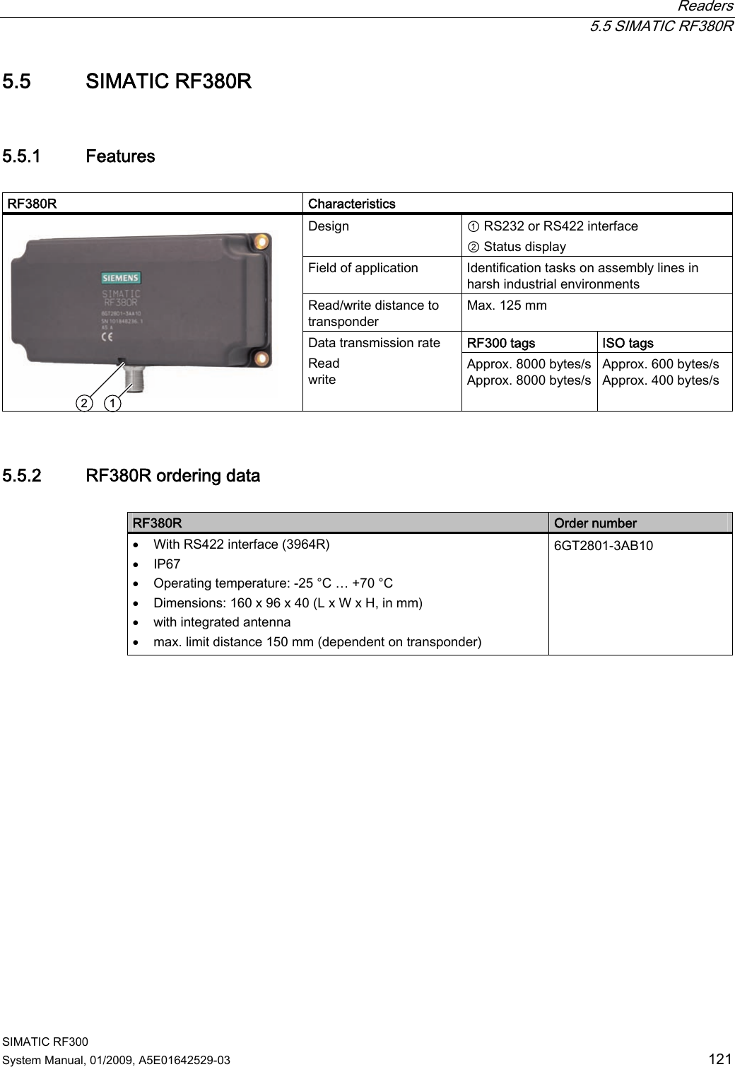  Readers  5.5 SIMATIC RF380R SIMATIC RF300 System Manual, 01/2009, A5E01642529-03  121 5.5 SIMATIC RF380R 5.5.1 Features  RF380R     Characteristics Design  ① RS232 or RS422 interface ② Status display Field of application  Identification tasks on assembly lines in harsh industrial environments Read/write distance to transponder Max. 125 mm RF300 tags ISO tags   Data transmission rate Read write Approx. 8000 bytes/s Approx. 8000 bytes/s Approx. 600 bytes/sApprox. 400 bytes/s 5.5.2 RF380R ordering data  RF380R  Order number • With RS422 interface (3964R) • IP67 • Operating temperature: -25 °C … +70 °C • Dimensions: 160 x 96 x 40 (L x W x H, in mm) • with integrated antenna • max. limit distance 150 mm (dependent on transponder) 6GT2801-3AB10 