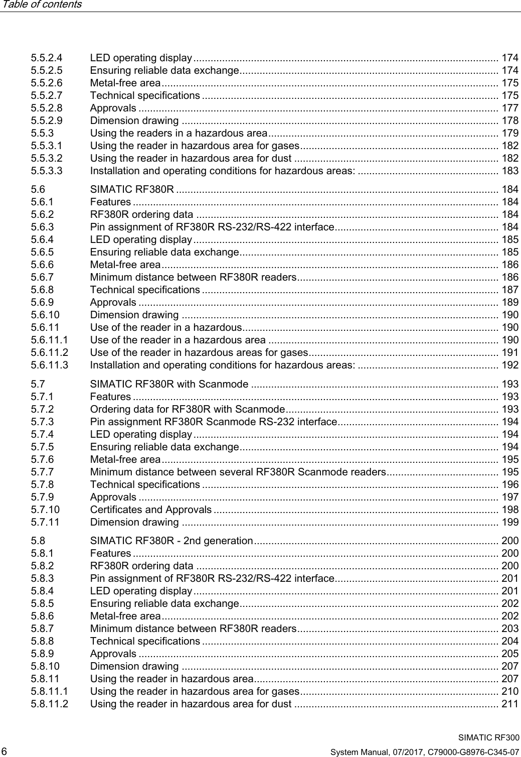Table of contents     SIMATIC RF300 6 System Manual, 07/2017, C79000-G8976-C345-07 5.5.2.4 LED operating display .......................................................................................................... 174 5.5.2.5 Ensuring reliable data exchange .......................................................................................... 174 5.5.2.6 Metal-free area ..................................................................................................................... 175 5.5.2.7 Technical specifications ....................................................................................................... 175 5.5.2.8 Approvals ............................................................................................................................. 177 5.5.2.9 Dimension drawing .............................................................................................................. 178 5.5.3 Using the readers in a hazardous area ................................................................................ 179 5.5.3.1 Using the reader in hazardous area for gases ..................................................................... 182 5.5.3.2 Using the reader in hazardous area for dust ....................................................................... 182 5.5.3.3 Installation and operating conditions for hazardous areas: ................................................. 183 5.6 SIMATIC RF380R ................................................................................................................ 184 5.6.1 Features ............................................................................................................................... 184 5.6.2 RF380R ordering data ......................................................................................................... 184 5.6.3 Pin assignment of RF380R RS-232/RS-422 interface......................................................... 184 5.6.4 LED operating display .......................................................................................................... 185 5.6.5 Ensuring reliable data exchange .......................................................................................... 185 5.6.6 Metal-free area ..................................................................................................................... 186 5.6.7 Minimum distance between RF380R readers ...................................................................... 186 5.6.8 Technical specifications ....................................................................................................... 187 5.6.9 Approvals ............................................................................................................................. 189 5.6.10 Dimension drawing .............................................................................................................. 190 5.6.11 Use of the reader in a hazardous ......................................................................................... 190 5.6.11.1 Use of the reader in a hazardous area ................................................................................ 190 5.6.11.2 Use of the reader in hazardous areas for gases .................................................................. 191 5.6.11.3 Installation and operating conditions for hazardous areas: ................................................. 192 5.7 SIMATIC RF380R with Scanmode ...................................................................................... 193 5.7.1 Features ............................................................................................................................... 193 5.7.2 Ordering data for RF380R with Scanmode .......................................................................... 193 5.7.3 Pin assignment RF380R Scanmode RS-232 interface........................................................ 194 5.7.4 LED operating display .......................................................................................................... 194 5.7.5 Ensuring reliable data exchange .......................................................................................... 194 5.7.6 Metal-free area ..................................................................................................................... 195 5.7.7 Minimum distance between several RF380R Scanmode readers ....................................... 195 5.7.8 Technical specifications ....................................................................................................... 196 5.7.9 Approvals ............................................................................................................................. 197 5.7.10 Certificates and Approvals ................................................................................................... 198 5.7.11 Dimension drawing .............................................................................................................. 199 5.8 SIMATIC RF380R - 2nd generation ..................................................................................... 200 5.8.1 Features ............................................................................................................................... 200 5.8.2 RF380R ordering data ......................................................................................................... 200 5.8.3 Pin assignment of RF380R RS-232/RS-422 interface......................................................... 201 5.8.4 LED operating display .......................................................................................................... 201 5.8.5 Ensuring reliable data exchange .......................................................................................... 202 5.8.6 Metal-free area ..................................................................................................................... 202 5.8.7 Minimum distance between RF380R readers ...................................................................... 203 5.8.8 Technical specifications ....................................................................................................... 204 5.8.9 Approvals ............................................................................................................................. 205 5.8.10 Dimension drawing .............................................................................................................. 207 5.8.11 Using the reader in hazardous area..................................................................................... 207 5.8.11.1 Using the reader in hazardous area for gases ..................................................................... 210 5.8.11.2 Using the reader in hazardous area for dust ....................................................................... 211 