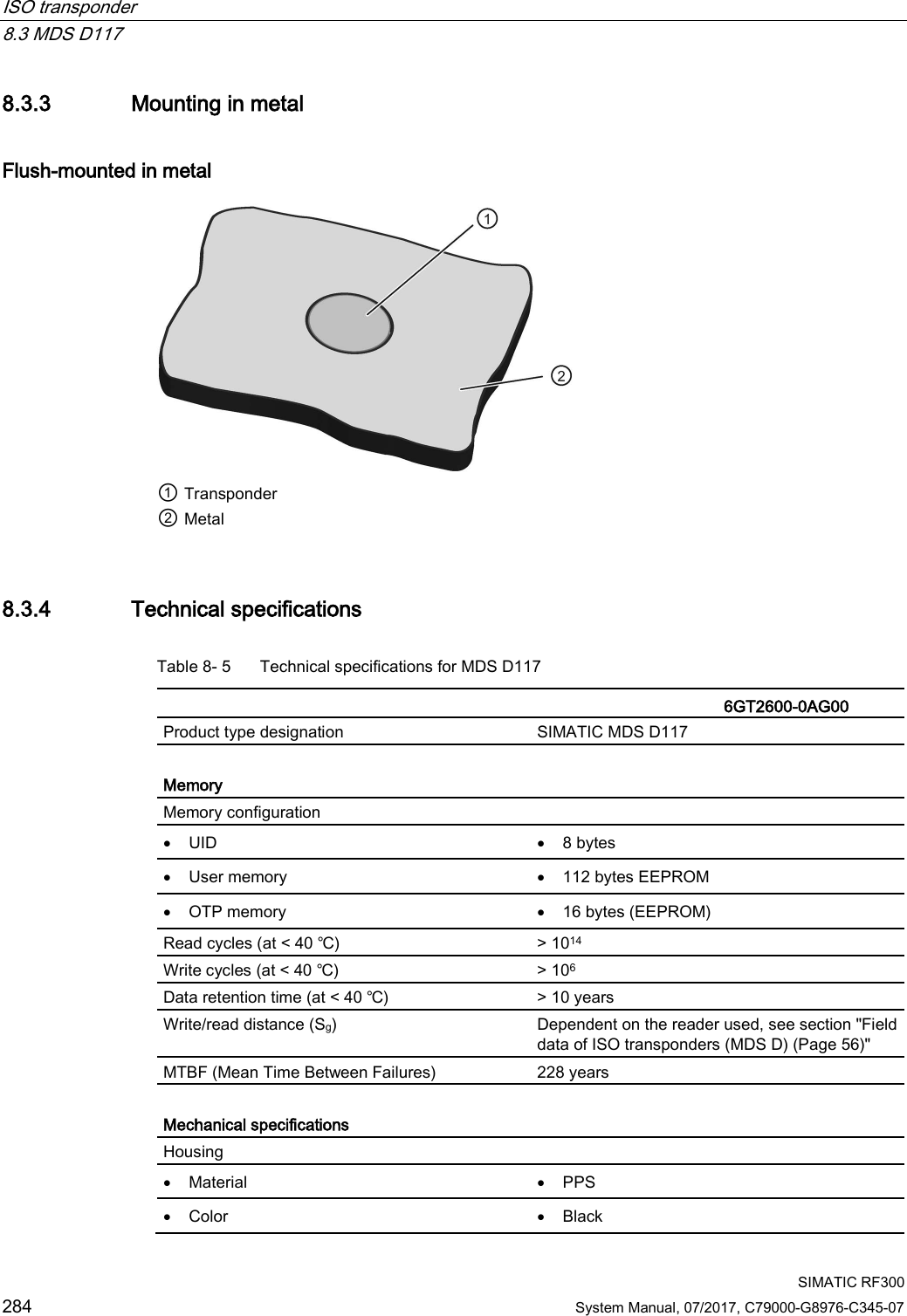 ISO transponder   8.3 MDS D117  SIMATIC RF300 284 System Manual, 07/2017, C79000-G8976-C345-07 8.3.3 Mounting in metal Flush-mounted in metal  ① Transponder ② Metal 8.3.4 Technical specifications Table 8- 5  Technical specifications for MDS D117    6GT2600-0AG00 Product type designation SIMATIC MDS D117  Memory Memory configuration  • UID • 8 bytes • User memory • 112 bytes EEPROM • OTP memory • 16 bytes (EEPROM) Read cycles (at &lt; 40 ℃) &gt; 1014 Write cycles (at &lt; 40 ℃) &gt; 106 Data retention time (at &lt; 40 ℃) &gt; 10 years Write/read distance (Sg)  Dependent on the reader used, see section &quot;Field data of ISO transponders (MDS D) (Page 56)&quot; MTBF (Mean Time Between Failures) 228 years  Mechanical specifications Housing  • Material • PPS • Color • Black 