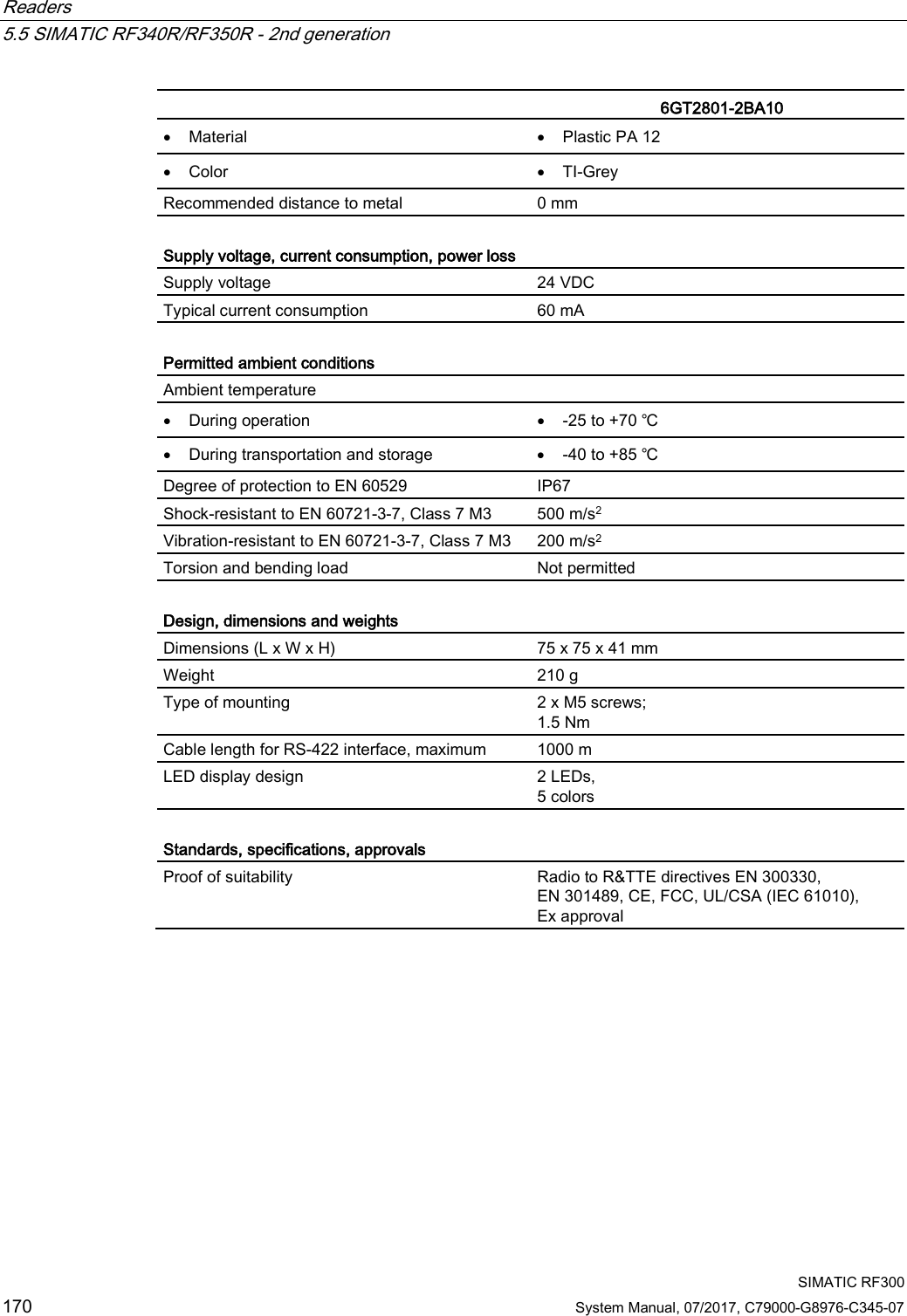 Readers   5.5 SIMATIC RF340R/RF350R - 2nd generation  SIMATIC RF300 170 System Manual, 07/2017, C79000-G8976-C345-07   6GT2801-2BA10 • Material • Plastic PA 12 • Color • TI-Grey Recommended distance to metal 0 mm  Supply voltage, current consumption, power loss Supply voltage 24 VDC Typical current consumption 60 mA  Permitted ambient conditions Ambient temperature  • During operation • -25 to +70 ℃ • During transportation and storage • -40 to +85 ℃ Degree of protection to EN 60529 IP67 Shock-resistant to EN 60721-3-7, Class 7 M3  500 m/s2 Vibration-resistant to EN 60721-3-7, Class 7 M3 200 m/s2 Torsion and bending load Not permitted  Design, dimensions and weights Dimensions (L x W x H) 75 x 75 x 41 mm Weight 210 g Type of mounting 2 x M5 screws; 1.5 Nm Cable length for RS-422 interface, maximum 1000 m LED display design 2 LEDs,  5 colors  Standards, specifications, approvals Proof of suitability Radio to R&amp;TTE directives EN 300330,  EN 301489, CE, FCC, UL/CSA (IEC 61010),  Ex approval 