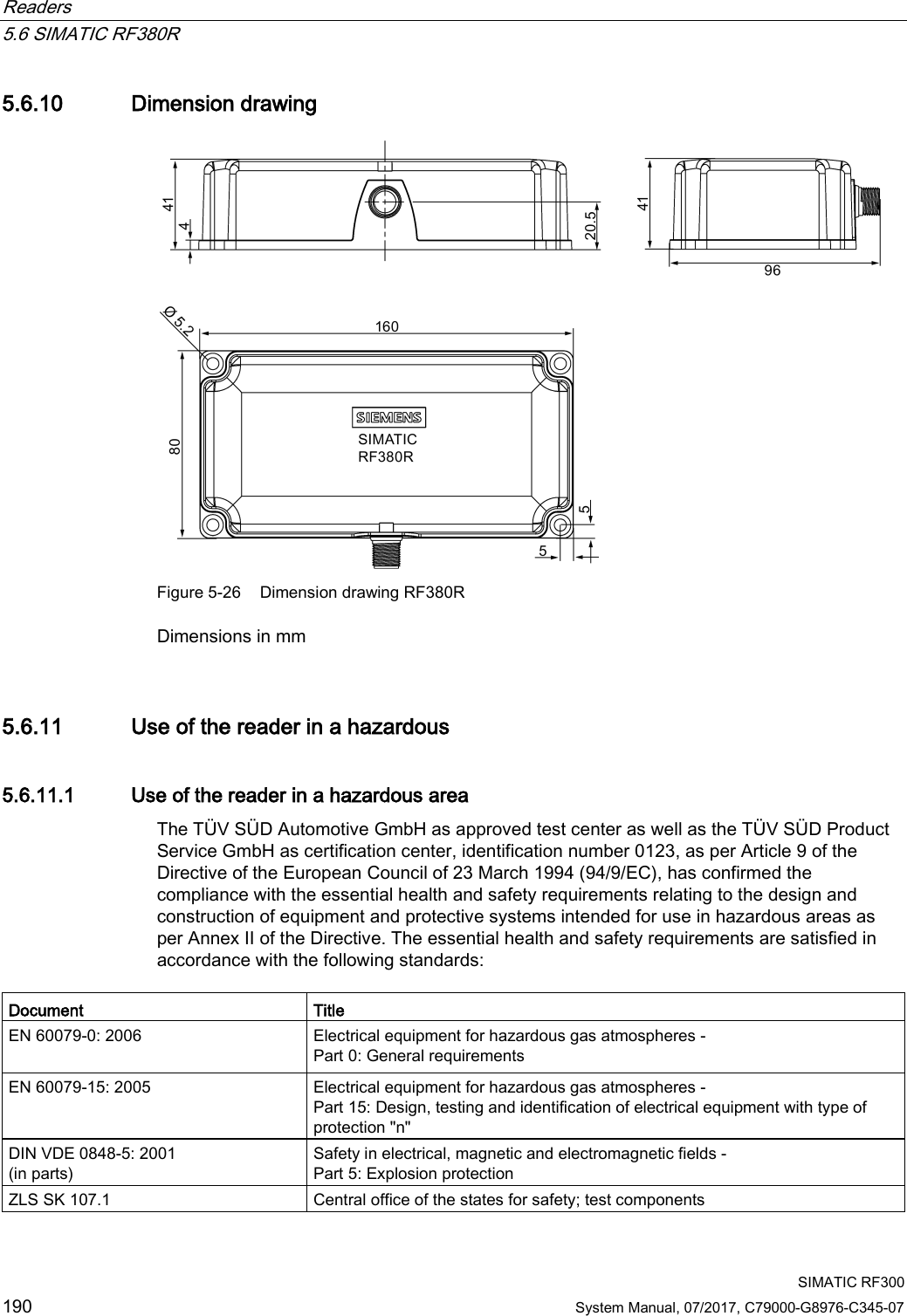 Readers   5.6 SIMATIC RF380R  SIMATIC RF300 190 System Manual, 07/2017, C79000-G8976-C345-07 5.6.10 Dimension drawing  Figure 5-26 Dimension drawing RF380R Dimensions in mm 5.6.11 Use of the reader in a hazardous 5.6.11.1 Use of the reader in a hazardous area The TÜV SÜD Automotive GmbH as approved test center as well as the TÜV SÜD Product Service GmbH as certification center, identification number 0123, as per Article 9 of the Directive of the European Council of 23 March 1994 (94/9/EC), has confirmed the compliance with the essential health and safety requirements relating to the design and construction of equipment and protective systems intended for use in hazardous areas as per Annex II of the Directive. The essential health and safety requirements are satisfied in accordance with the following standards:  Document Title EN 60079-0: 2006  Electrical equipment for hazardous gas atmospheres -  Part 0: General requirements EN 60079-15: 2005 Electrical equipment for hazardous gas atmospheres -  Part 15: Design, testing and identification of electrical equipment with type of protection &quot;n&quot; DIN VDE 0848-5: 2001 (in parts) Safety in electrical, magnetic and electromagnetic fields - Part 5: Explosion protection ZLS SK 107.1 Central office of the states for safety; test components 