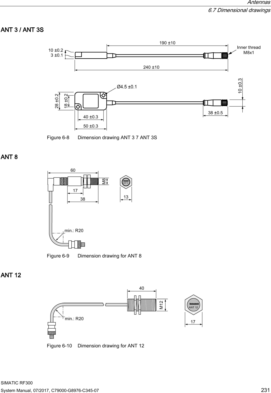  Antennas  6.7 Dimensional drawings SIMATIC RF300 System Manual, 07/2017, C79000-G8976-C345-07 231 ANT 3 / ANT 3S  Figure 6-8  Dimension drawing ANT 3 7 ANT 3S ANT 8  Figure 6-9  Dimension drawing for ANT 8 ANT 12  Figure 6-10 Dimension drawing for ANT 12 