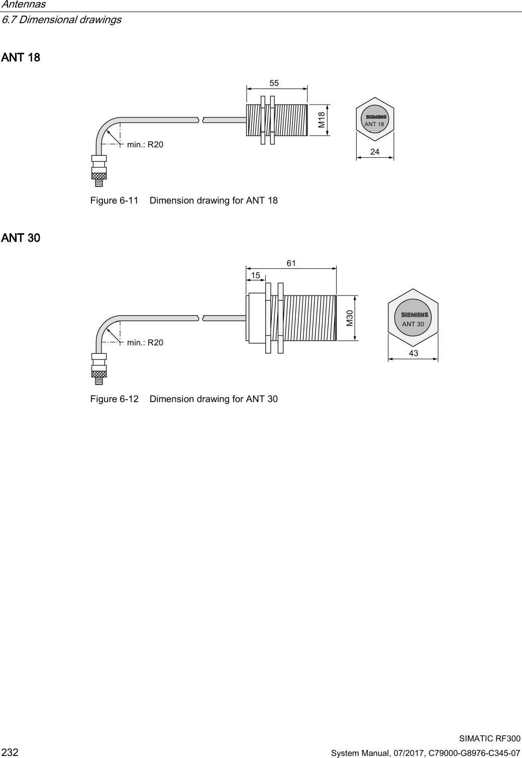 Antennas   6.7 Dimensional drawings  SIMATIC RF300 232 System Manual, 07/2017, C79000-G8976-C345-07 ANT 18  Figure 6-11 Dimension drawing for ANT 18 ANT 30  Figure 6-12 Dimension drawing for ANT 30 