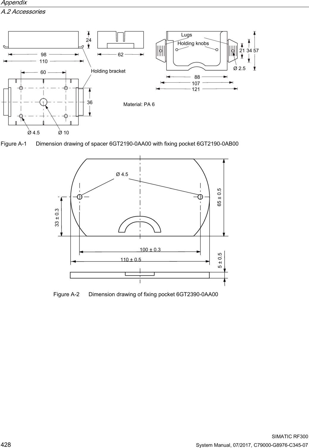Appendix   A.2 Accessories  SIMATIC RF300 428 System Manual, 07/2017, C79000-G8976-C345-07  Figure A-1  Dimension drawing of spacer 6GT2190-0AA00 with fixing pocket 6GT2190-0AB00   Figure A-2  Dimension drawing of fixing pocket 6GT2390-0AA00 