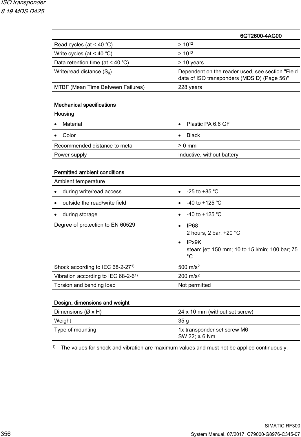 ISO transponder   8.19 MDS D425  SIMATIC RF300 356 System Manual, 07/2017, C79000-G8976-C345-07   6GT2600-4AG00  Read cycles (at &lt; 40 ℃) &gt; 1012 Write cycles (at &lt; 40 ℃) &gt; 1012 Data retention time (at &lt; 40 ℃) &gt; 10 years Write/read distance (Sg)  Dependent on the reader used, see section &quot;Field data of ISO transponders (MDS D) (Page 56)&quot; MTBF (Mean Time Between Failures) 228 years  Mechanical specifications Housing  • Material • Plastic PA 6.6 GF • Color • Black Recommended distance to metal ≥ 0 mm Power supply Inductive, without battery  Permitted ambient conditions Ambient temperature  • during write/read access • -25 to +85 ℃ • outside the read/write field • -40 to +125 ℃ • during storage • -40 to +125 ℃ Degree of protection to EN 60529 • IP68 2 hours, 2 bar, +20 °C • IPx9K steam jet: 150 mm; 10 to 15 l/min; 100 bar; 75 °C Shock according to IEC 68-2-271) 500 m/s2 Vibration according to IEC 68-2-61)  200 m/s2 Torsion and bending load Not permitted  Design, dimensions and weight Dimensions (Ø x H) 24 x 10 mm (without set screw) Weight 35 g Type of mounting 1x transponder set screw M6 SW 22; ≤ 6 Nm  1) The values for shock and vibration are maximum values and must not be applied continuously. 