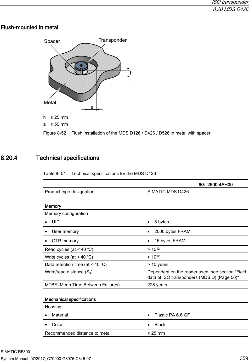  ISO transponder  8.20 MDS D426 SIMATIC RF300 System Manual, 07/2017, C79000-G8976-C345-07 359 Flush-mounted in metal  h ≥ 25 mm a ≥ 50 mm Figure 8-52 Flush installation of the MDS D126 / D426 / D526 in metal with spacer 8.20.4 Technical specifications Table 8- 51 Technical specifications for the MDS D426    6GT2600-4AH00 Product type designation SIMATIC MDS D426  Memory Memory configuration  • UID • 8 bytes • User memory • 2000 bytes FRAM • OTP memory • 16 bytes FRAM Read cycles (at &lt; 40 ℃) &gt; 1012 Write cycles (at &lt; 40 ℃) &gt; 1012 Data retention time (at &lt; 40 ℃) &gt; 10 years Write/read distance (Sg)  Dependent on the reader used, see section &quot;Field data of ISO transponders (MDS D) (Page 56)&quot; MTBF (Mean Time Between Failures) 228 years  Mechanical specifications Housing  • Material • Plastic PA 6.6 GF • Color • Black Recommended distance to metal ≥ 25 mm 