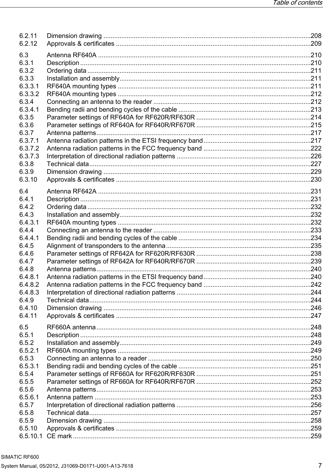   Table of contents   SIMATIC RF600 System Manual, 05/2012, J31069-D0171-U001-A13-7618  7 6.2.11  Dimension drawing ....................................................................................................................208 6.2.12  Approvals &amp; certificates .............................................................................................................209 6.3  Antenna RF640A .......................................................................................................................210 6.3.1  Description .................................................................................................................................210 6.3.2  Ordering data .............................................................................................................................211 6.3.3  Installation and assembly...........................................................................................................211 6.3.3.1  RF640A mounting types ............................................................................................................211 6.3.3.2  RF640A mounting types ............................................................................................................212 6.3.4  Connecting an antenna to the reader ........................................................................................212 6.3.4.1  Bending radii and bending cycles of the cable ..........................................................................213 6.3.5  Parameter settings of RF640A for RF620R/RF630R ................................................................214 6.3.6  Parameter settings of RF640A for RF640R/RF670R ................................................................215 6.3.7  Antenna patterns........................................................................................................................217 6.3.7.1  Antenna radiation patterns in the ETSI frequency band............................................................217 6.3.7.2  Antenna radiation patterns in the FCC frequency band ............................................................222 6.3.7.3  Interpretation of directional radiation patterns ...........................................................................226 6.3.8  Technical data............................................................................................................................227 6.3.9  Dimension drawing ....................................................................................................................229 6.3.10  Approvals &amp; certificates .............................................................................................................230 6.4  Antenna RF642A .......................................................................................................................231 6.4.1  Description .................................................................................................................................231 6.4.2  Ordering data .............................................................................................................................232 6.4.3  Installation and assembly...........................................................................................................232 6.4.3.1  RF640A mounting types ............................................................................................................232 6.4.4  Connecting an antenna to the reader ........................................................................................233 6.4.4.1  Bending radii and bending cycles of the cable ..........................................................................234 6.4.5  Alignment of transponders to the antenna.................................................................................235 6.4.6  Parameter settings of RF642A for RF620R/RF630R ................................................................238 6.4.7  Parameter settings of RF642A for RF640R/RF670R ................................................................239 6.4.8  Antenna patterns........................................................................................................................240 6.4.8.1  Antenna radiation patterns in the ETSI frequency band............................................................240 6.4.8.2  Antenna radiation patterns in the FCC frequency band ............................................................242 6.4.8.3  Interpretation of directional radiation patterns ...........................................................................244 6.4.9  Technical data............................................................................................................................244 6.4.10  Dimension drawing ....................................................................................................................246 6.4.11  Approvals &amp; certificates .............................................................................................................247 6.5  RF660A antenna........................................................................................................................248 6.5.1  Description .................................................................................................................................248 6.5.2  Installation and assembly...........................................................................................................249 6.5.2.1  RF660A mounting types ............................................................................................................249 6.5.3  Connecting an antenna to a reader ...........................................................................................250 6.5.3.1  Bending radii and bending cycles of the cable ..........................................................................251 6.5.4  Parameter settings of RF660A for RF620R/RF630R ................................................................251 6.5.5  Parameter settings of RF660A for RF640R/RF670R ................................................................252 6.5.6  Antenna patterns........................................................................................................................253 6.5.6.1  Antenna pattern .........................................................................................................................253 6.5.7  Interpretation of directional radiation patterns ...........................................................................256 6.5.8  Technical data............................................................................................................................257 6.5.9  Dimension drawing ....................................................................................................................258 6.5.10  Approvals &amp; certificates .............................................................................................................259 6.5.10.1  CE mark .....................................................................................................................................259 