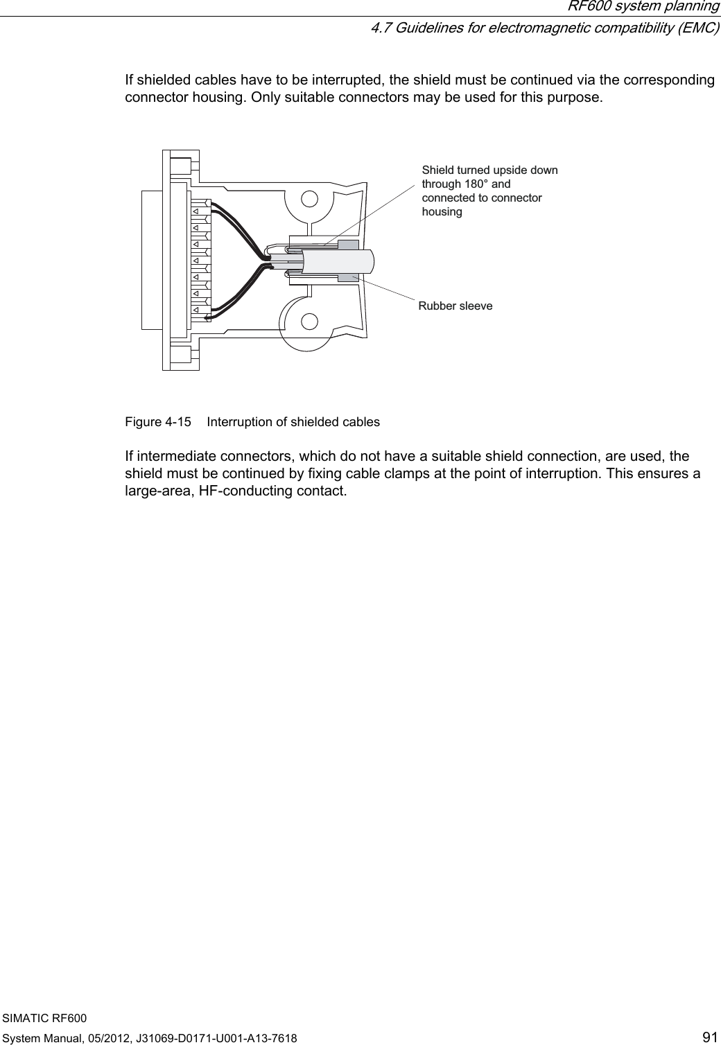  RF600 system planning   4.7 Guidelines for electromagnetic compatibility (EMC) SIMATIC RF600 System Manual, 05/2012, J31069-D0171-U001-A13-7618  91 If shielded cables have to be interrupted, the shield must be continued via the corresponding connector housing. Only suitable connectors may be used for this purpose.  6KLHOGWXUQHGXSVLGHGRZQWKURXJKrDQGFRQQHFWHGWRFRQQHFWRUKRXVLQJ5XEEHUVOHHYH Figure 4-15  Interruption of shielded cables If intermediate connectors, which do not have a suitable shield connection, are used, the shield must be continued by fixing cable clamps at the point of interruption. This ensures a large-area, HF-conducting contact. 