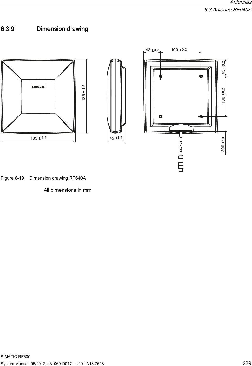  Antennas  6.3 Antenna RF640A SIMATIC RF600 System Manual, 05/2012, J31069-D0171-U001-A13-7618  229 6.3.9 Dimension drawing s s   Figure 6-19  Dimension drawing RF640A All dimensions in mm 