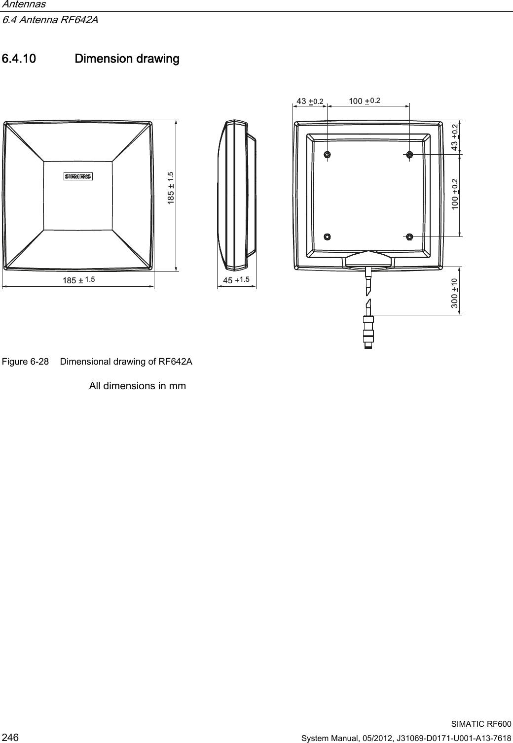 Antennas   6.4 Antenna RF642A  SIMATIC RF600 246 System Manual, 05/2012, J31069-D0171-U001-A13-7618 6.4.10 Dimension drawing s s   Figure 6-28  Dimensional drawing of RF642A All dimensions in mm 