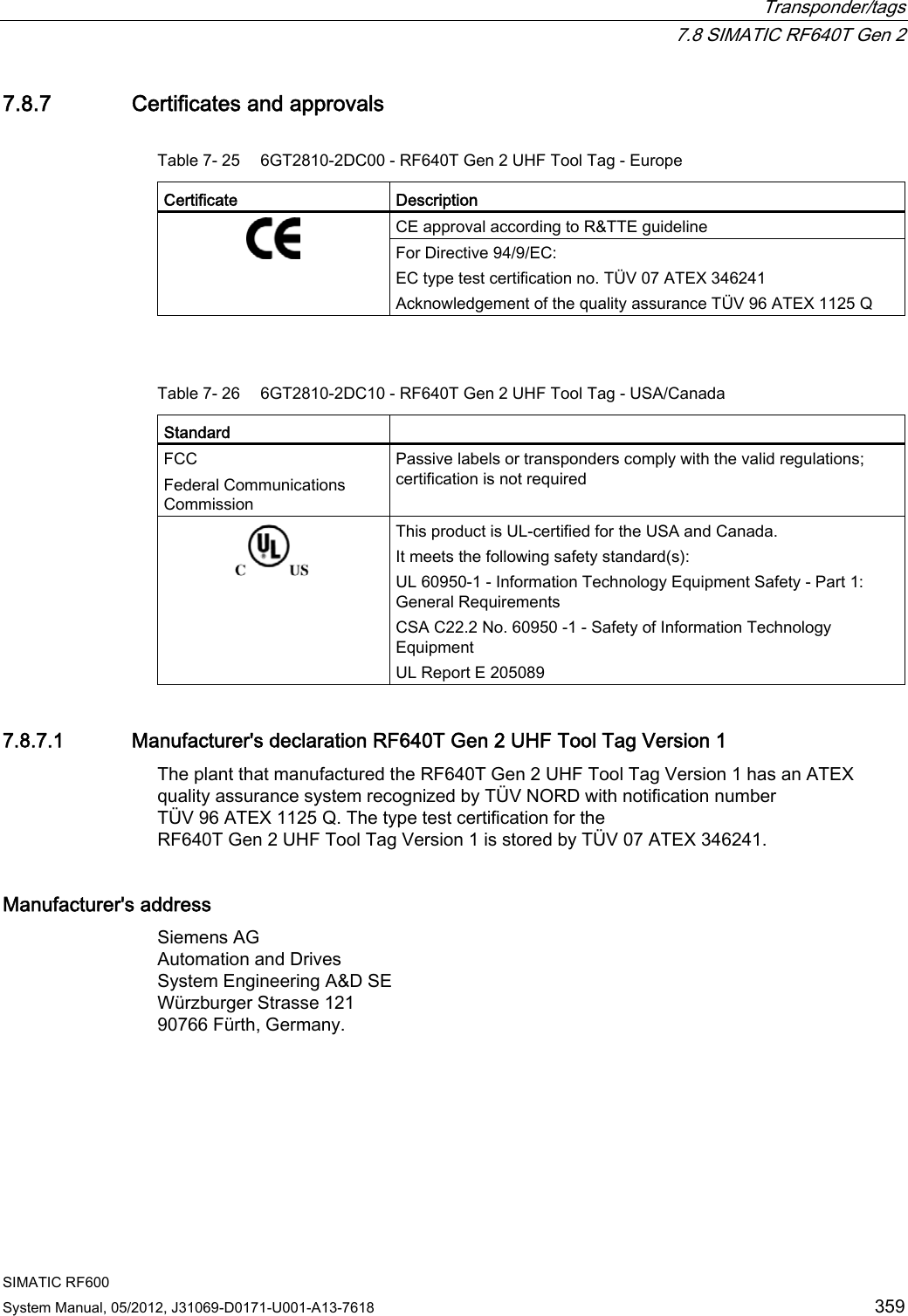  Transponder/tags  7.8 SIMATIC RF640T Gen 2 SIMATIC RF600 System Manual, 05/2012, J31069-D0171-U001-A13-7618  359 7.8.7 Certificates and approvals Table 7- 25  6GT2810-2DC00 - RF640T Gen 2 UHF Tool Tag - Europe Certificate  Description CE approval according to R&amp;TTE guideline  For Directive 94/9/EC: EC type test certification no. TÜV 07 ATEX 346241 Acknowledgement of the quality assurance TÜV 96 ATEX 1125 Q  Table 7- 26  6GT2810-2DC10 - RF640T Gen 2 UHF Tool Tag - USA/Canada Standard   FCC  Federal Communications Commission  Passive labels or transponders comply with the valid regulations; certification is not required  This product is UL-certified for the USA and Canada. It meets the following safety standard(s):  UL 60950-1 - Information Technology Equipment Safety - Part 1: General Requirements CSA C22.2 No. 60950 -1 - Safety of Information Technology Equipment UL Report E 205089 7.8.7.1 Manufacturer&apos;s declaration RF640T Gen 2 UHF Tool Tag Version 1 The plant that manufactured the RF640T Gen 2 UHF Tool Tag Version 1 has an ATEX quality assurance system recognized by TÜV NORD with notification number TÜV 96 ATEX 1125 Q. The type test certification for the RF640T Gen 2 UHF Tool Tag Version 1 is stored by TÜV 07 ATEX 346241. Manufacturer&apos;s address Siemens AG Automation and Drives System Engineering A&amp;D SE Würzburger Strasse 121 90766 Fürth, Germany. 