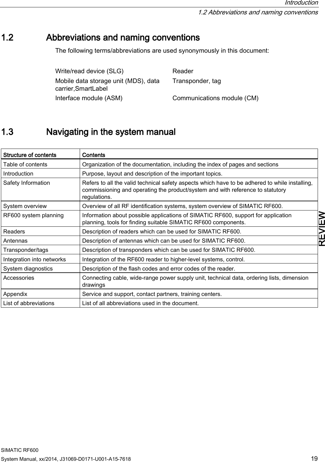  Introduction  1.2 Abbreviations and naming conventions SIMATIC RF600 System Manual, xx/2014, J31069-D0171-U001-A15-7618 19 REVIEW 1.2 Abbreviations and naming conventions The following terms/abbreviations are used synonymously in this document:  Write/read device (SLG) Reader Mobile data storage unit (MDS), data carrier,SmartLabel Transponder, tag Interface module (ASM) Communications module (CM) 1.3 Navigating in the system manual  Structure of contents  Contents Table of contents Organization of the documentation, including the index of pages and sections Introduction Purpose, layout and description of the important topics. Safety Information Refers to all the valid technical safety aspects which have to be adhered to while installing, commissioning and operating the product/system and with reference to statutory regulations. System overview Overview of all RF identification systems, system overview of SIMATIC RF600. RF600 system planning Information about possible applications of SIMATIC RF600, support for application planning, tools for finding suitable SIMATIC RF600 components.  Readers  Description of readers which can be used for SIMATIC RF600. Antennas Description of antennas which can be used for SIMATIC RF600. Transponder/tags Description of transponders which can be used for SIMATIC RF600. Integration into networks Integration of the RF600 reader to higher-level systems, control. System diagnostics Description of the flash codes and error codes of the reader. Accessories Connecting cable, wide-range power supply unit, technical data, ordering lists, dimension drawings Appendix Service and support, contact partners, training centers. List of abbreviations List of all abbreviations used in the document.  